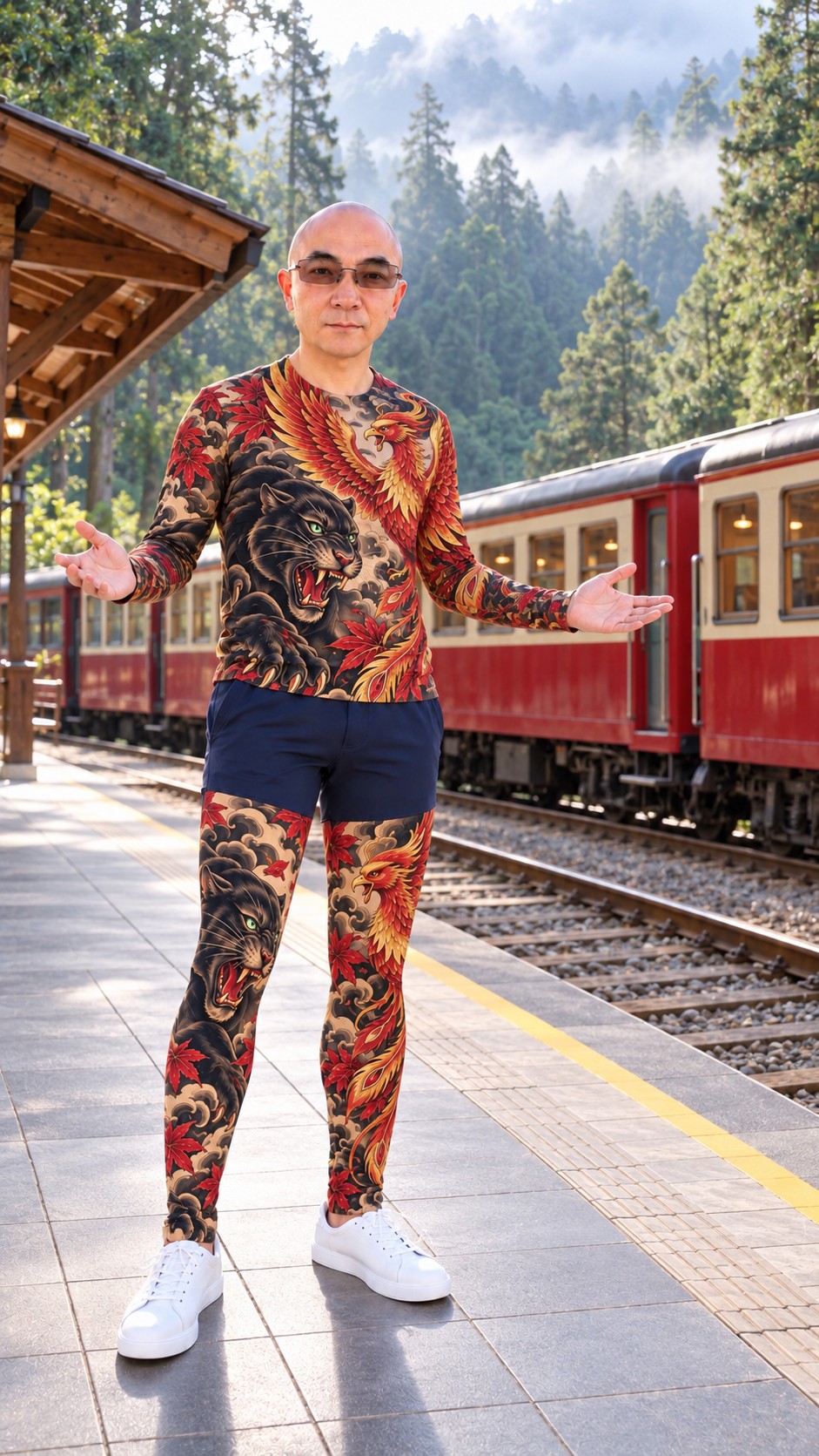 AI-generated Alishan forest railway station scene with a red passenger train and a presenter behind the safety line