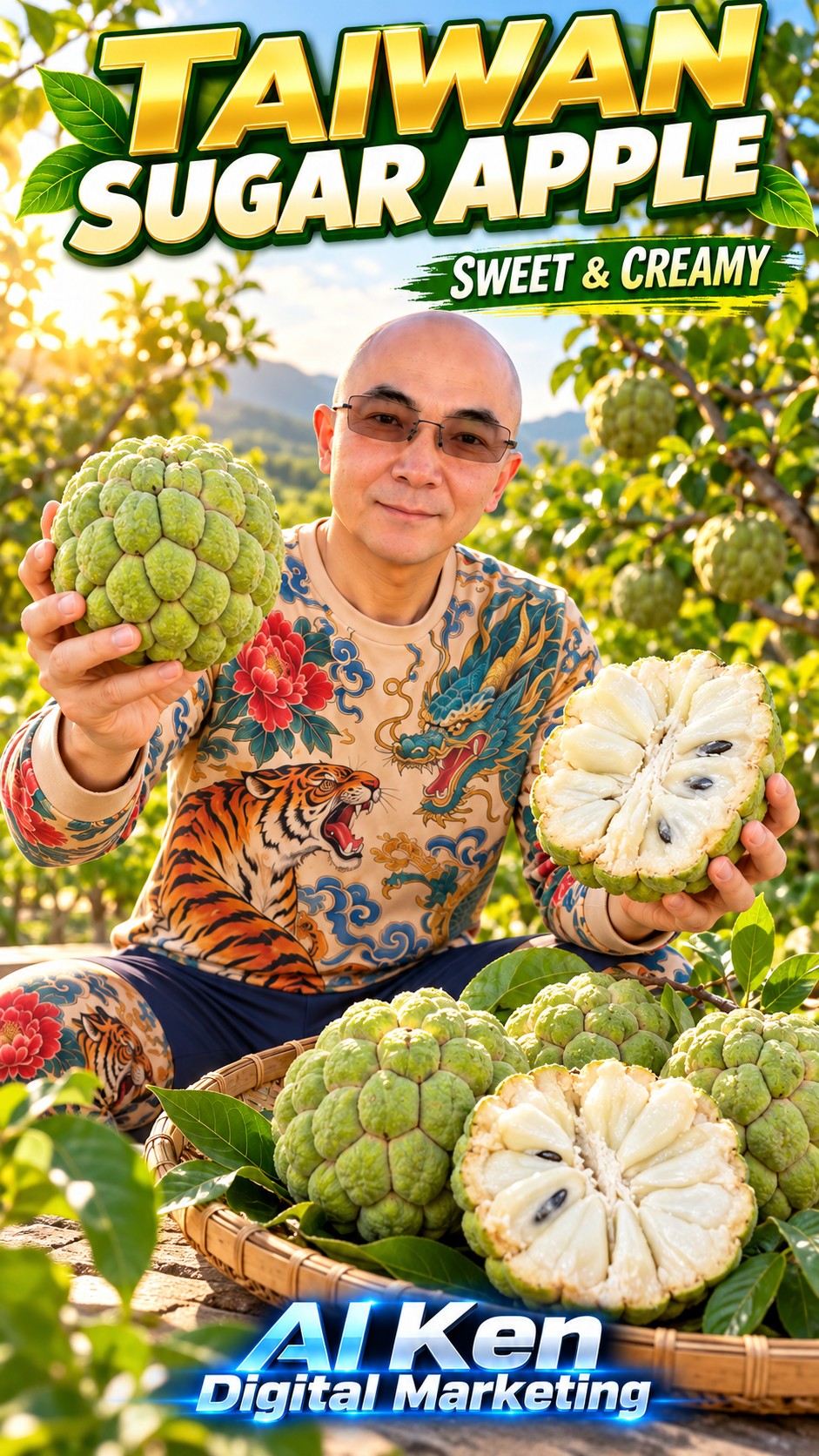 Taiwan Sugar Apple presentation showing whole green fruit and creamy white flesh with AI Ken