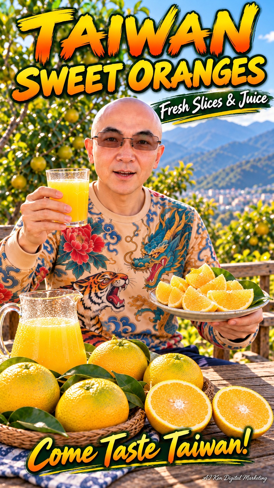 Taiwan sweet oranges displayed with fresh orange slices and a glass of orange juice