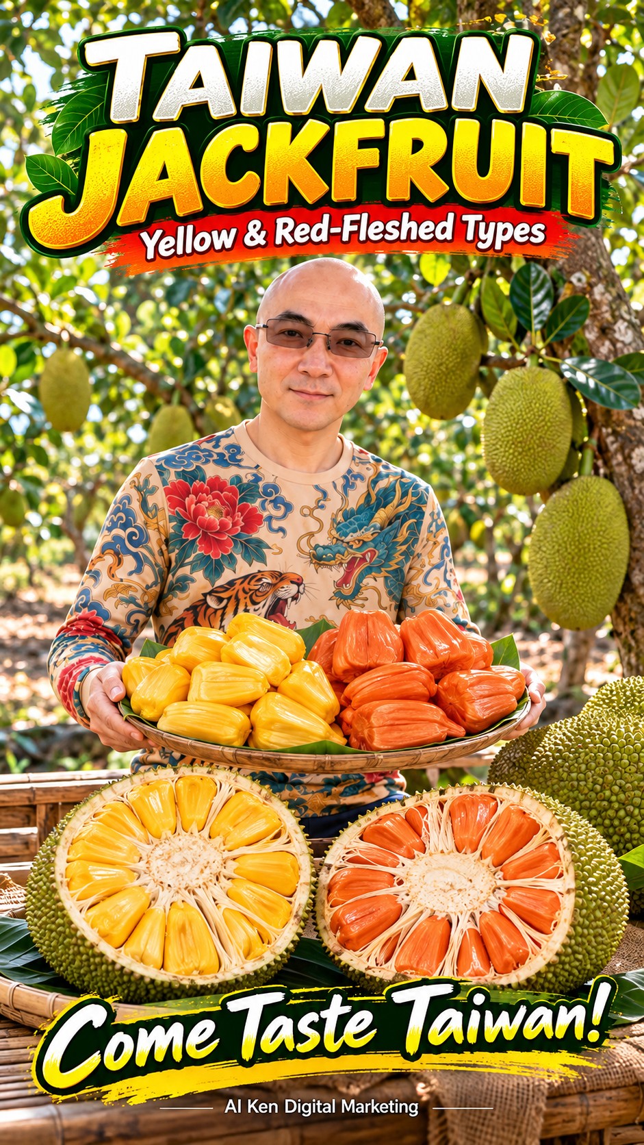 Taiwan jackfruit featuring yellow and orange-red flesh with whole and cut fruit