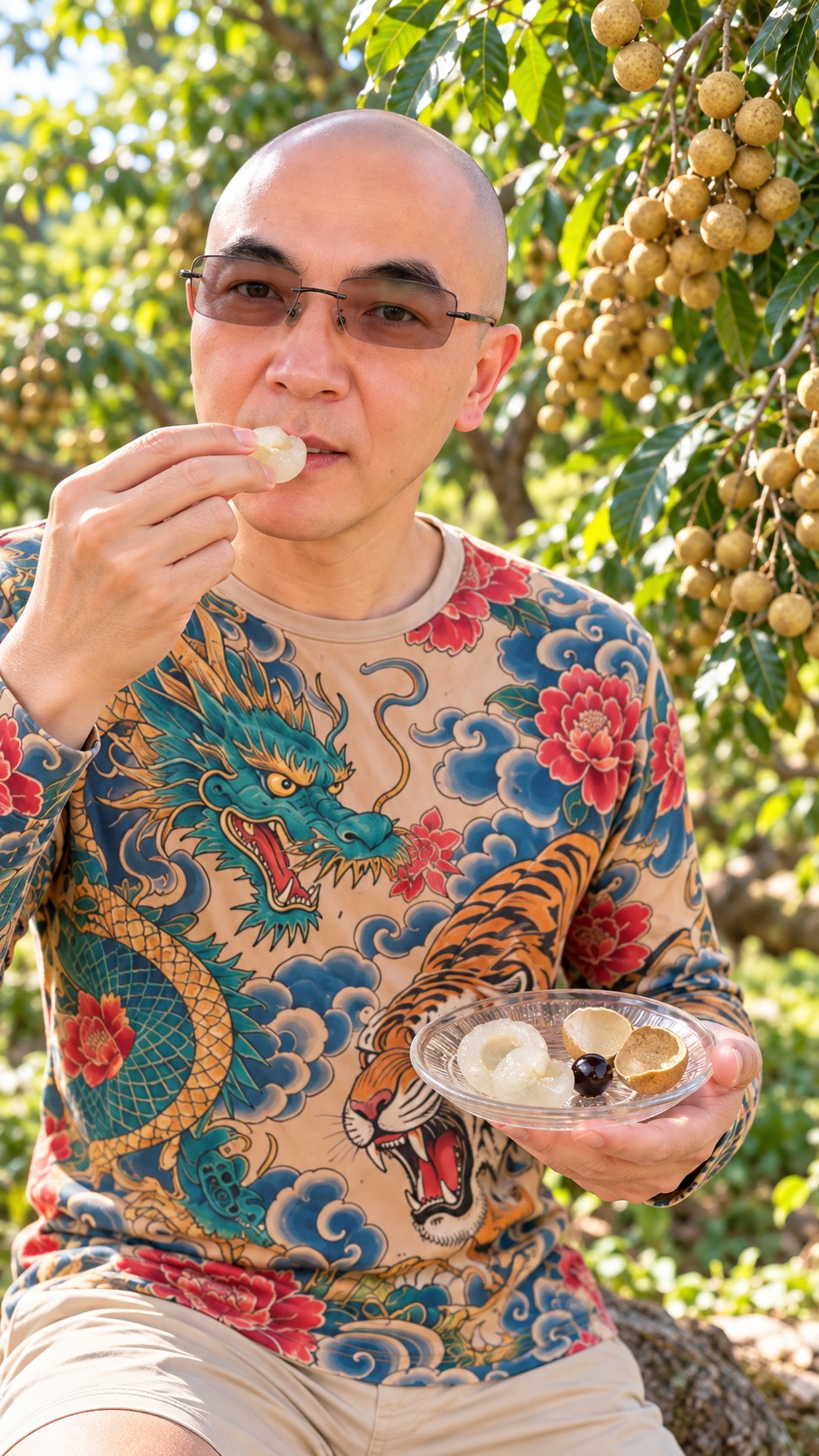 AI Ken tasting peeled seed-free longan flesh with the shell and black seed separated on a plate
