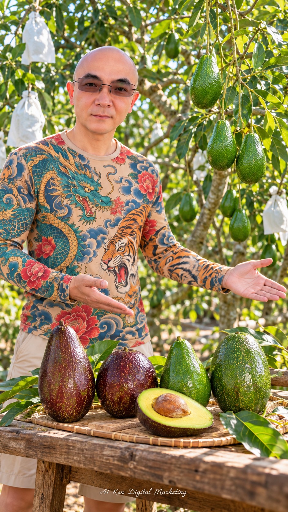 AI Ken introducing harvested purple-red and green avocados in a Taiwan avocado orchard