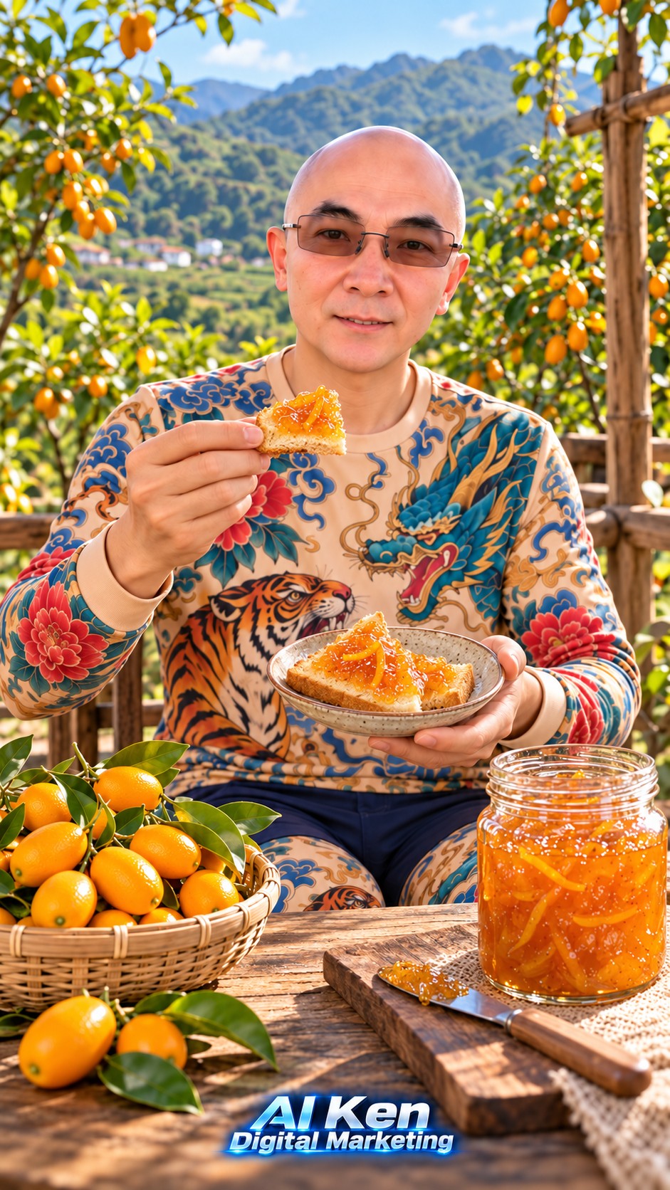 AI Ken holding toast spread with orange kumquat marmalade beside a jar of citrus preserve