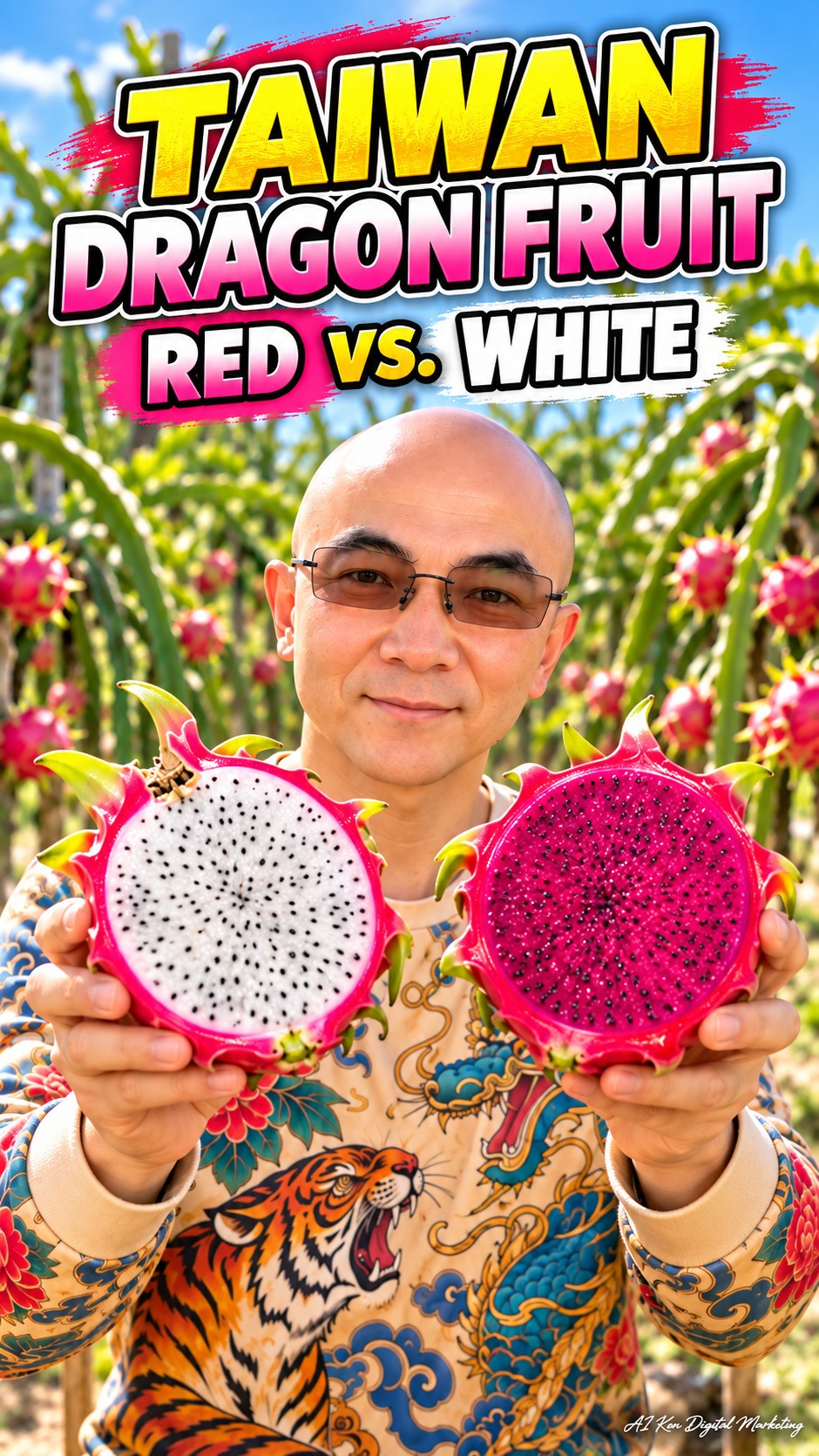 Taiwan Dragon Fruit Red vs White thumbnail featuring AI Ken holding red-fleshed and white-fleshed dragon fruit halves