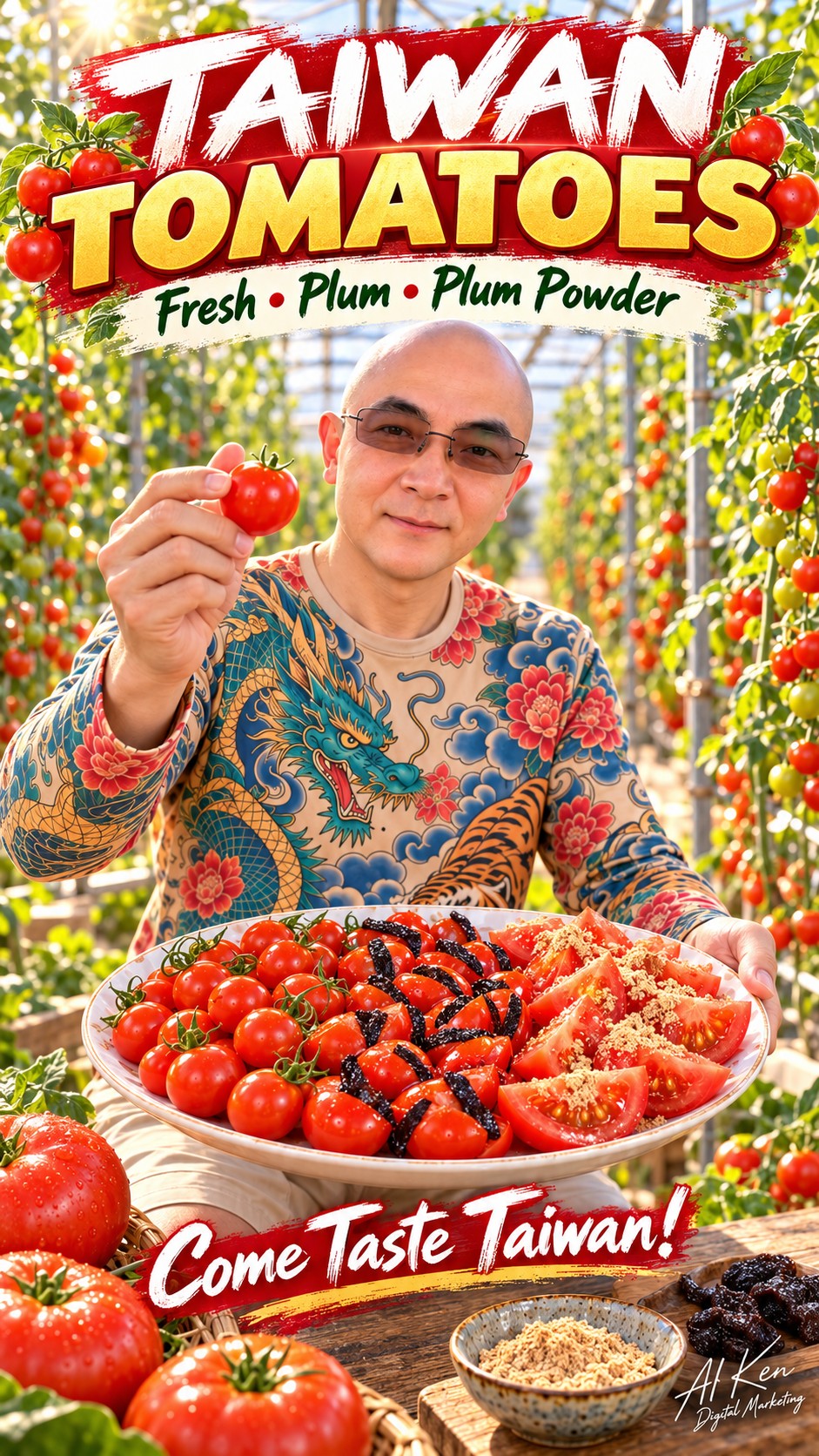 Taiwan Tomatoes thumbnail featuring fresh cherry tomatoes, preserved plum pairings, and large tomato slices with plum powder