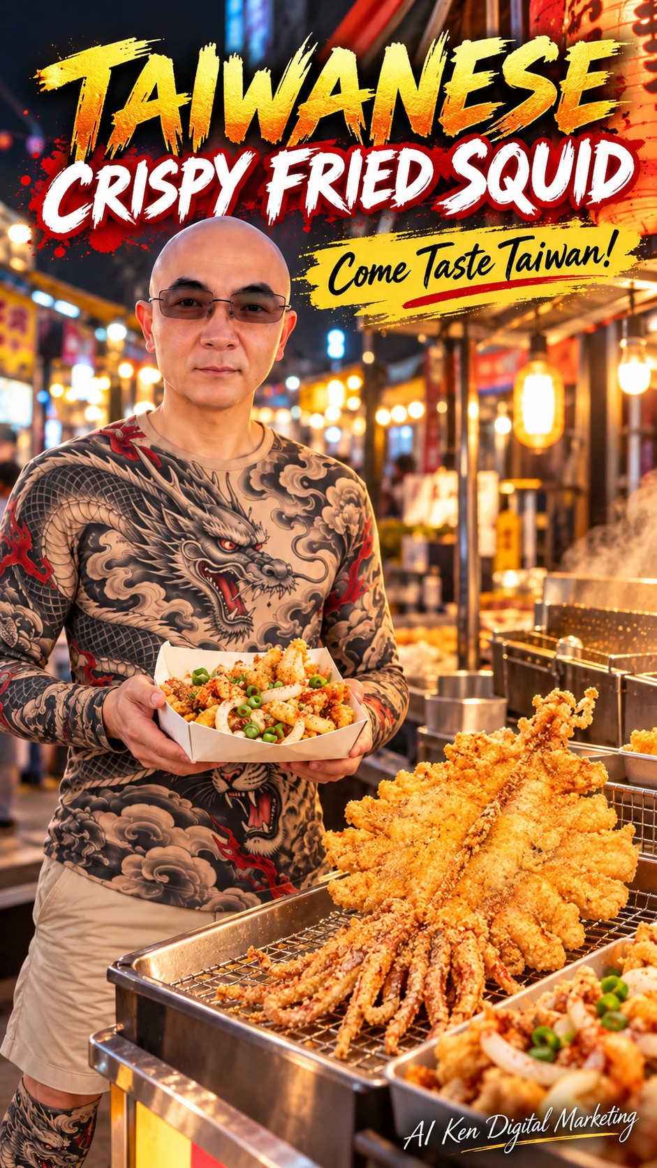 AI-generated Taiwanese crispy fried squid displayed whole alongside a tray of seasoned bite-sized squid pieces
