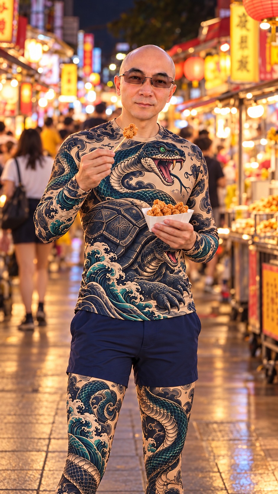AI Ken holding fried street-food snacks in a lively Shilin Night Market travel scene