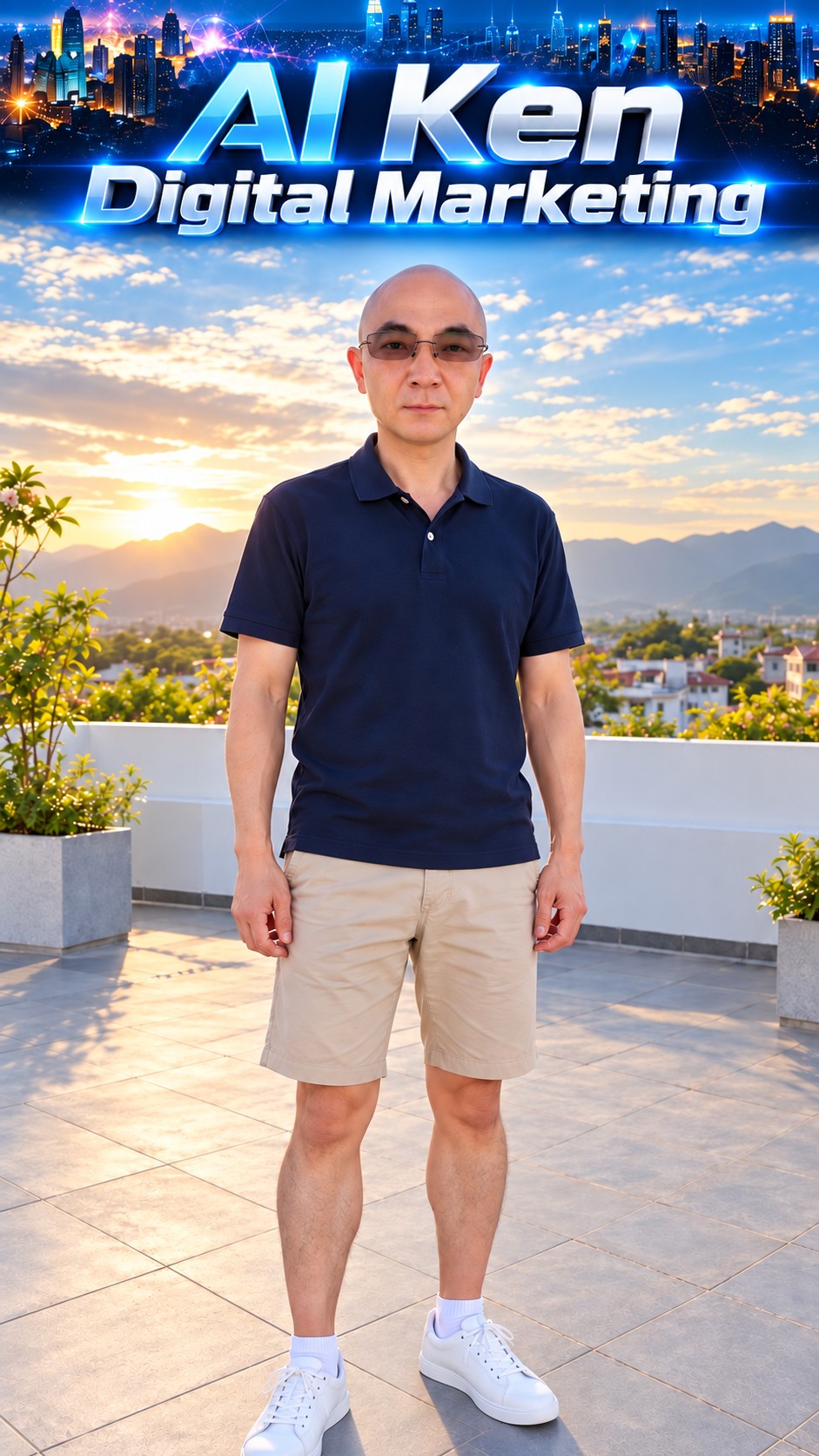 AI-generated casual outfit with a navy polo shirt, beige shorts and white footwear on a sunset terrace