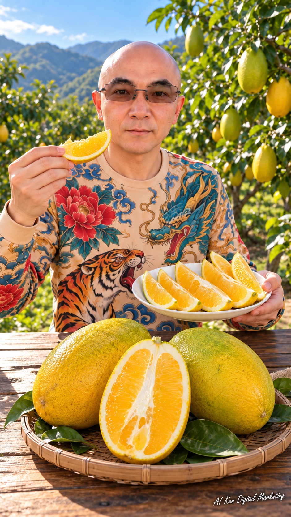 AI Ken presenting golden citrus wedges beside whole oval oranges and a lengthwise cut half showing the flesh and white pith