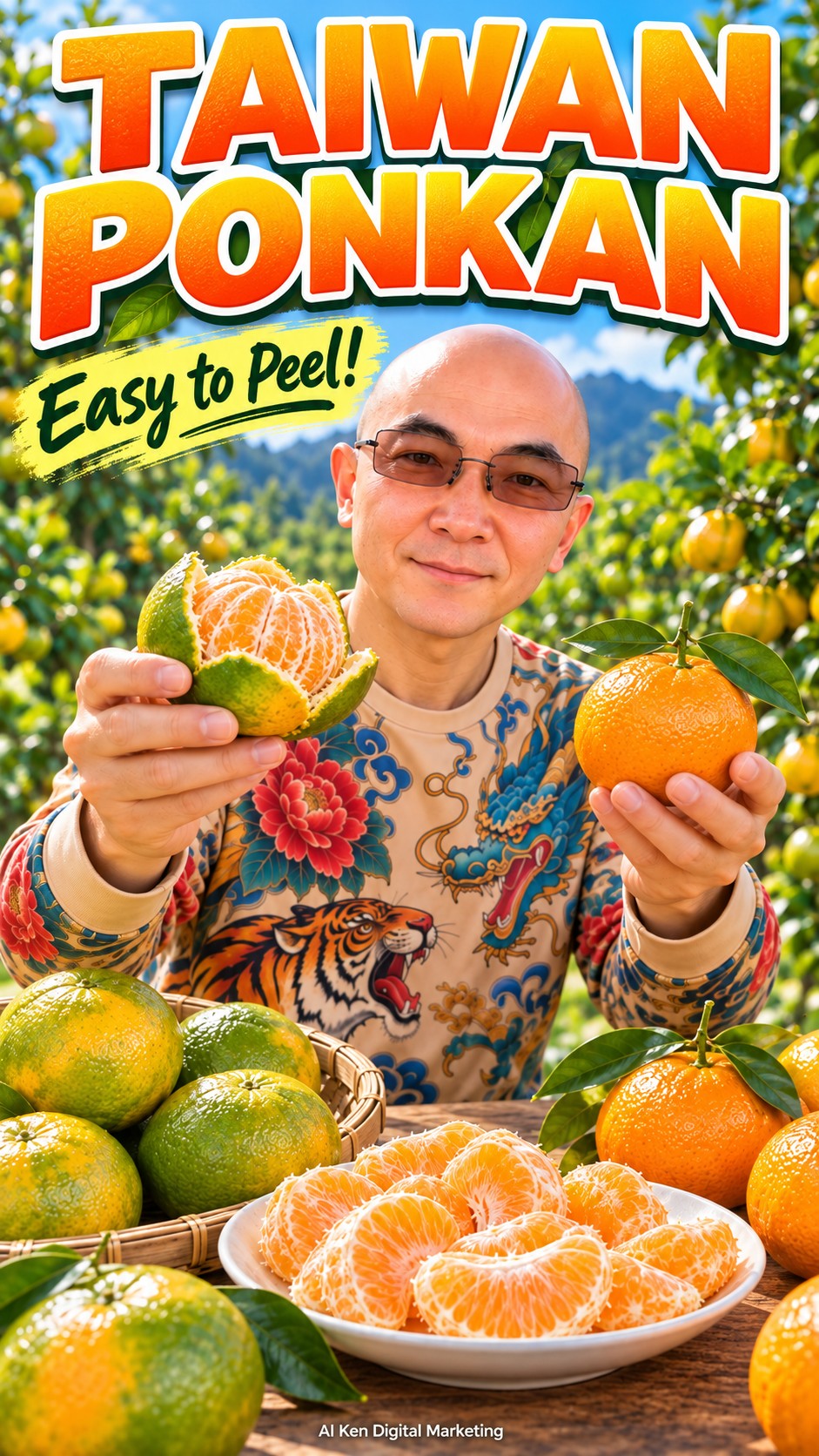 Taiwan Ponkan Easy to Peel thumbnail featuring AI Ken with green-skinned and orange-skinned mandarins