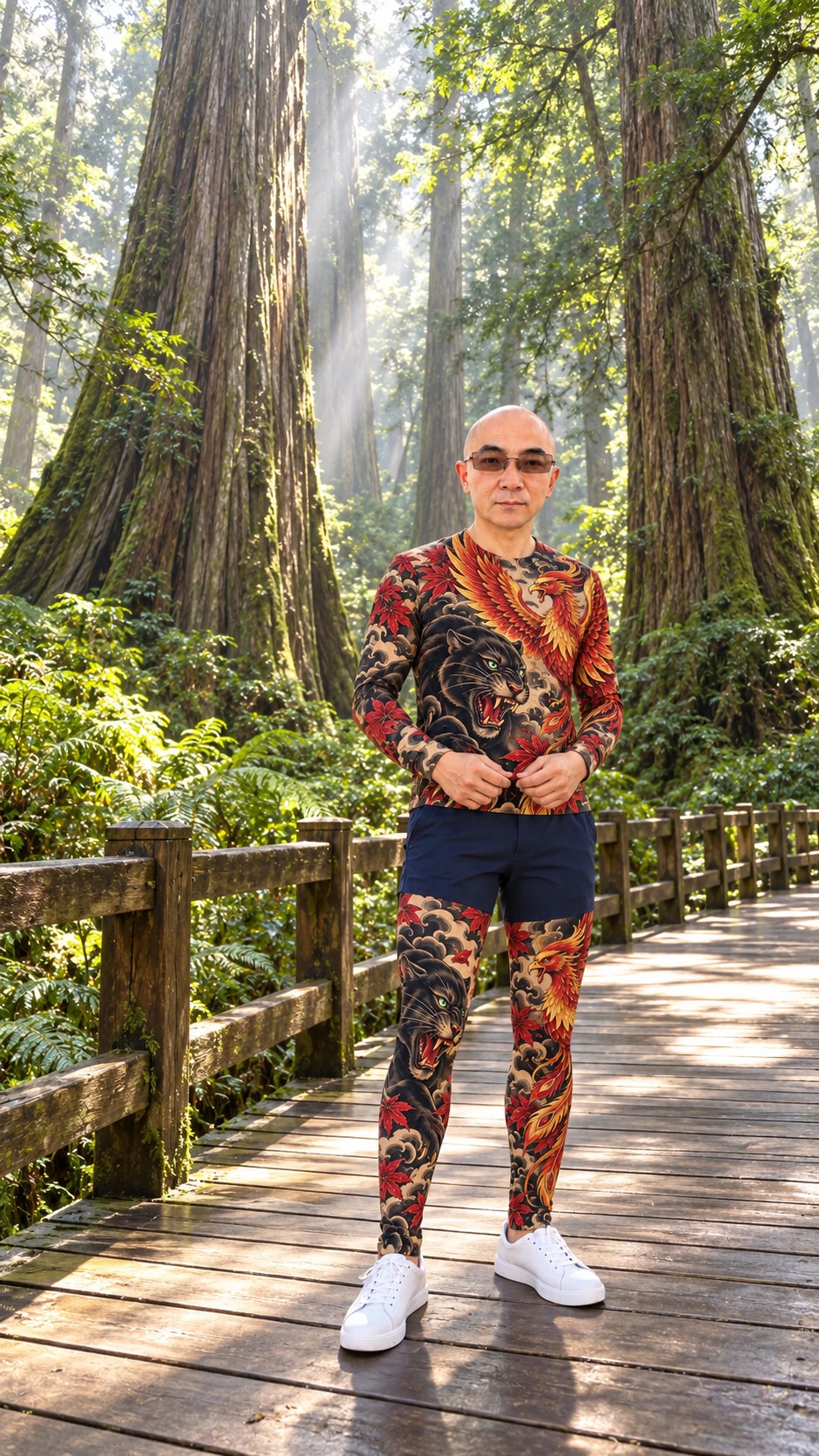 AI-generated Alishan forest scene with towering trees, ferns and a presenter on a wooden boardwalk
