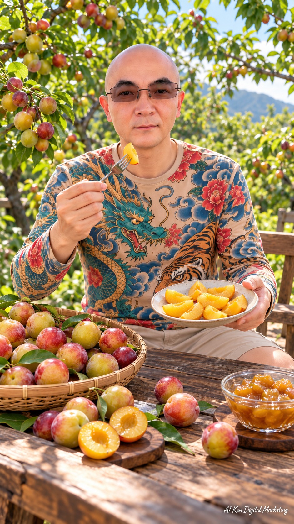 AI Ken presenting yellow-fleshed pitted Tao Jie plum wedges beside whole plums and a bowl of preserves