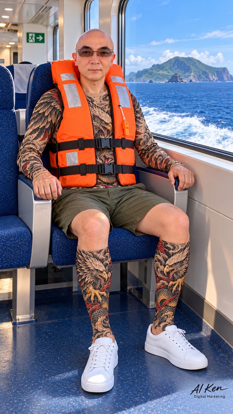 AI-generated ferry cabin scene with a seated traveler wearing a fastened orange lifejacket