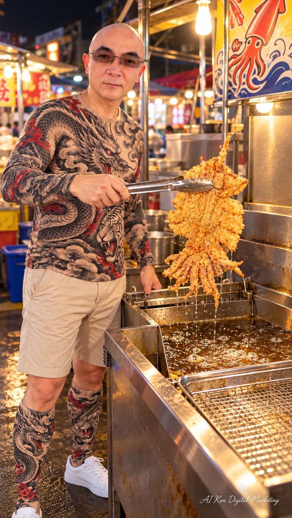 AI-generated host lifting a golden whole fried squid above a fryer with long metal tongs to drain