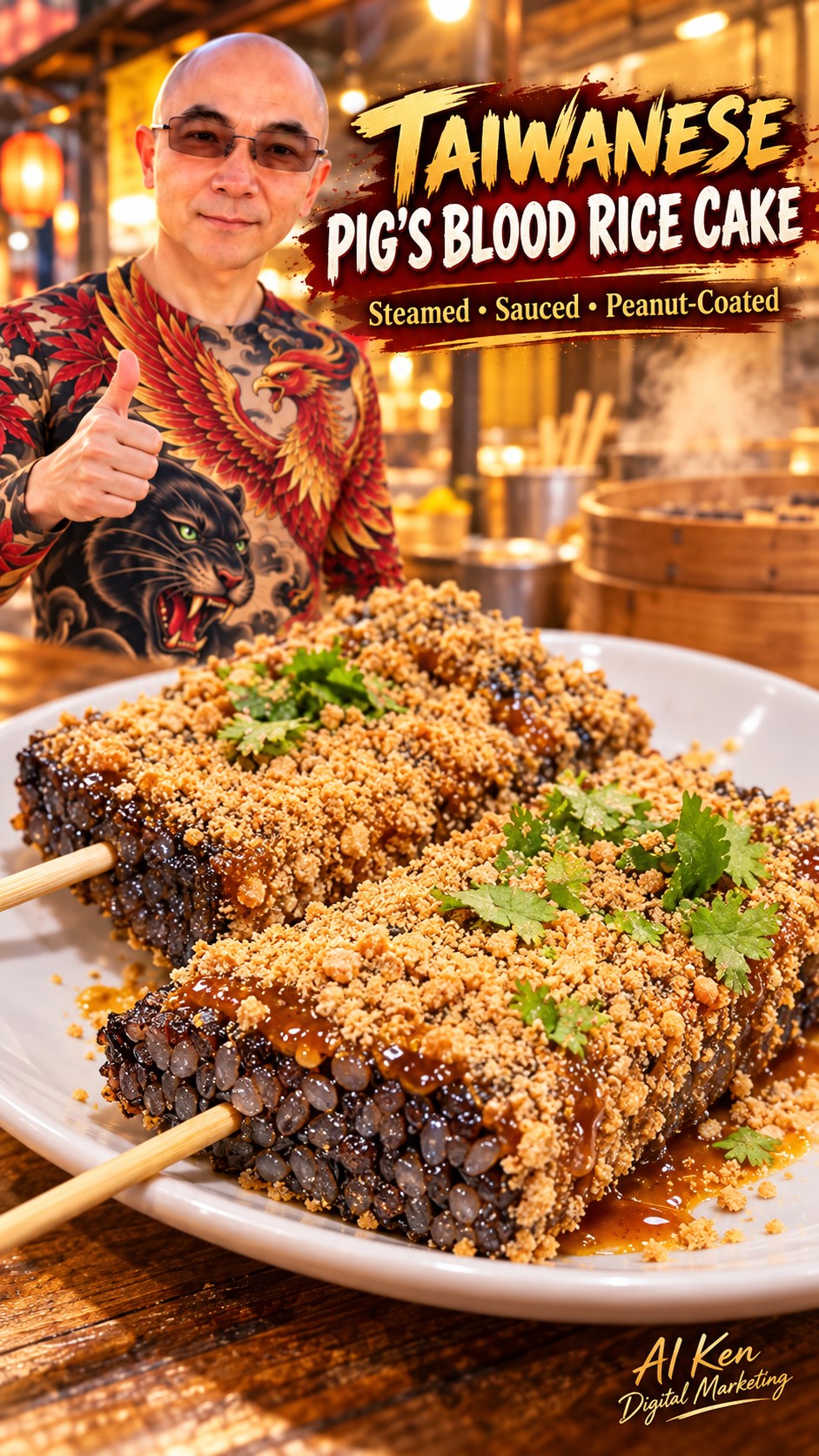 AI-generated Taiwanese pig's blood rice cakes on skewers topped with sauce, roasted peanut powder and cilantro