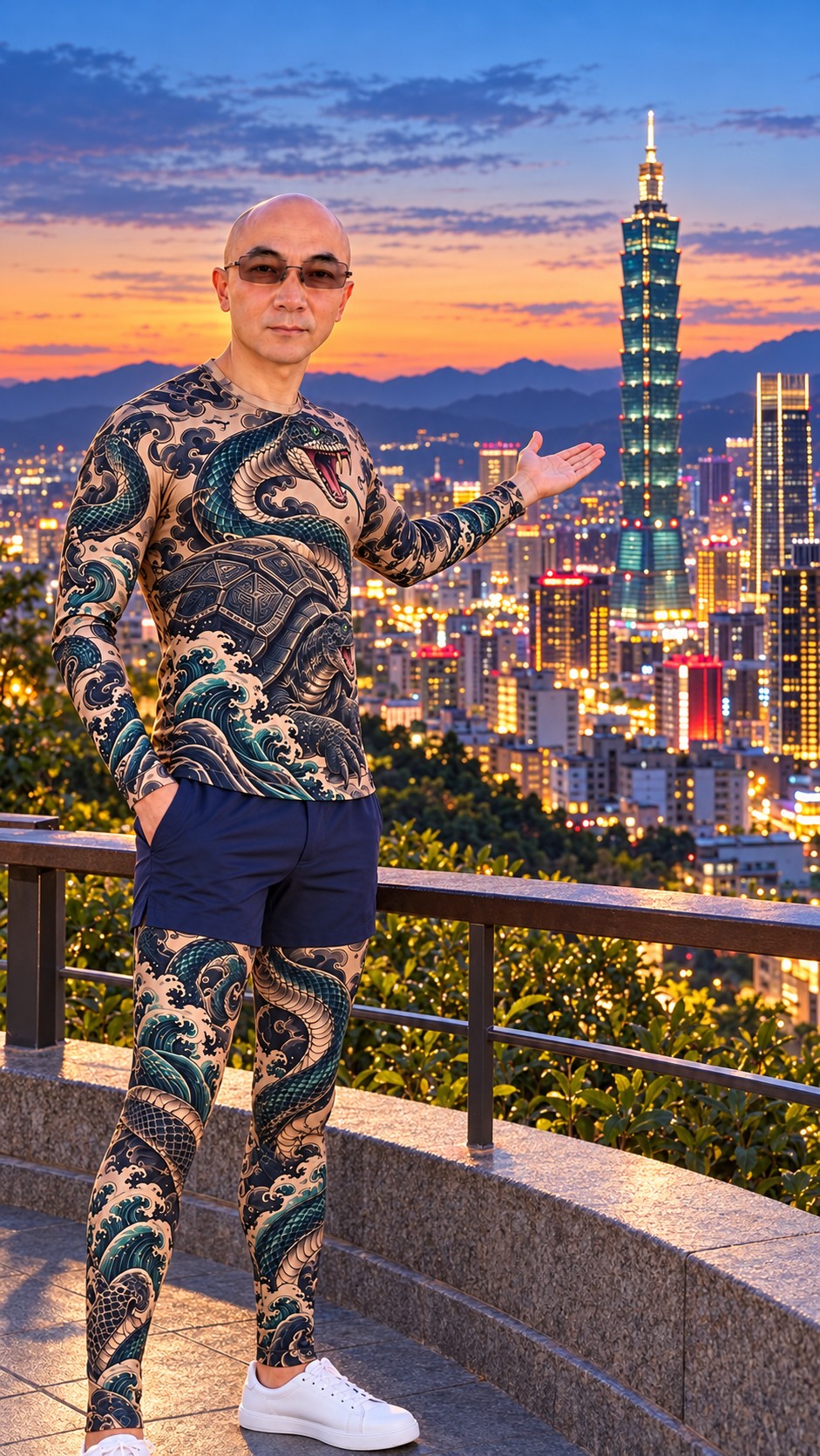 AI Ken introducing Taipei 101 and an illuminated Taipei skyline at dusk