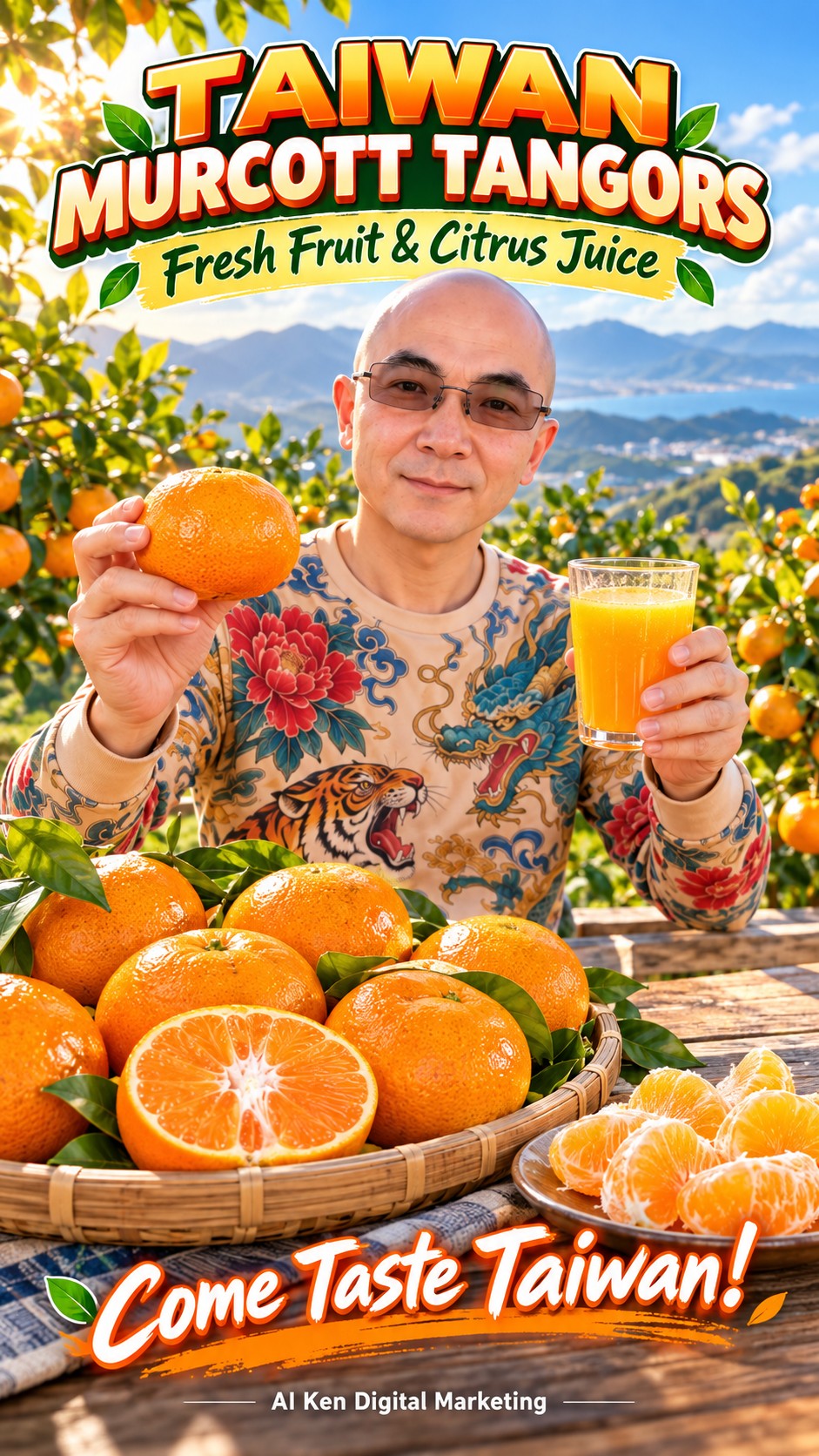 Taiwan Murcott tangors with whole citrus fruit, peeled segments and citrus juice
