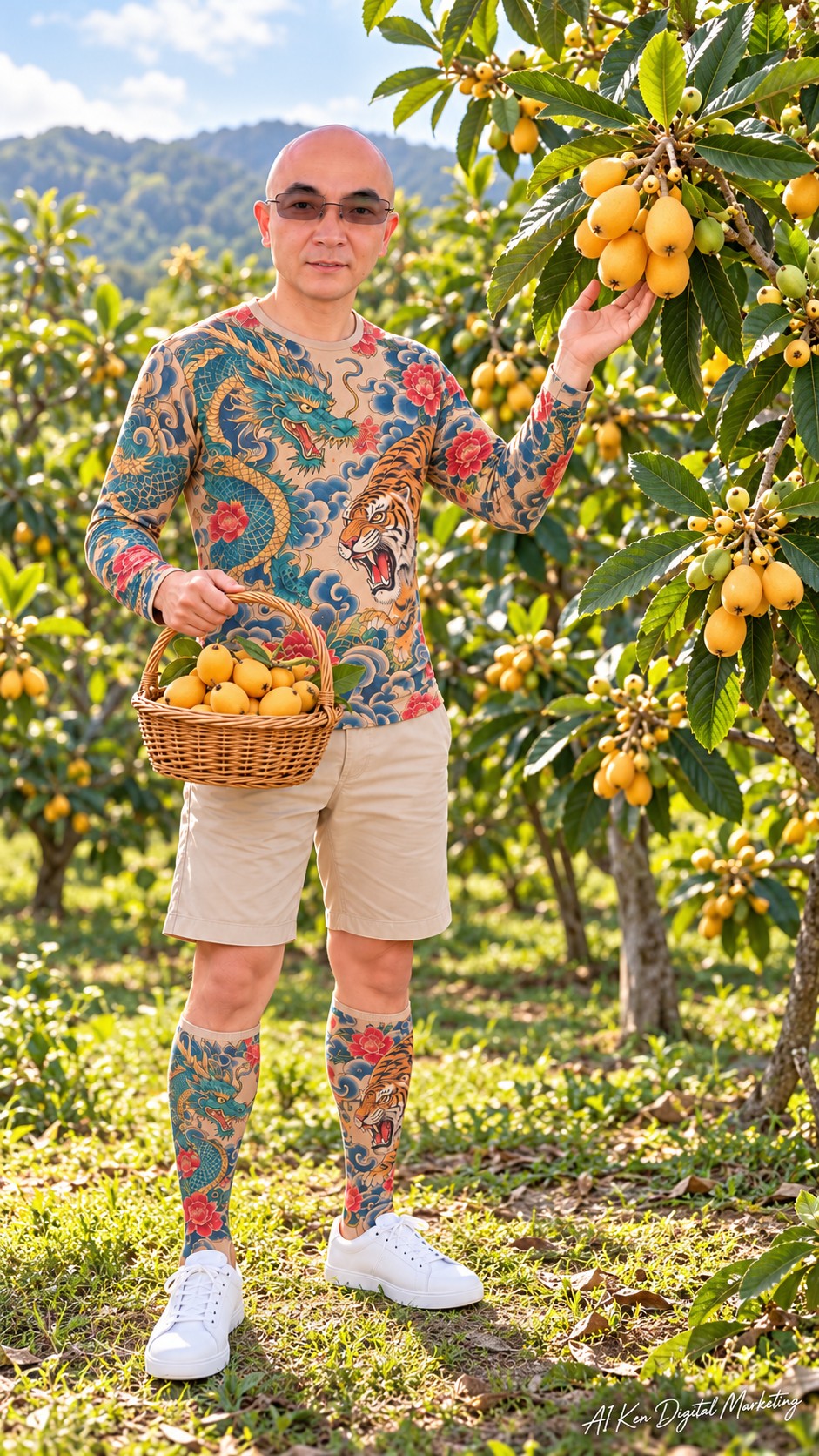 AI Ken introducing clusters of golden loquats among large green leaves in a Taiwan orchard