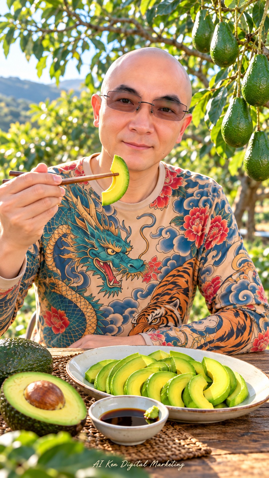 AI Ken presenting avocado slices with chopsticks beside a small dish of wasabi and soy sauce