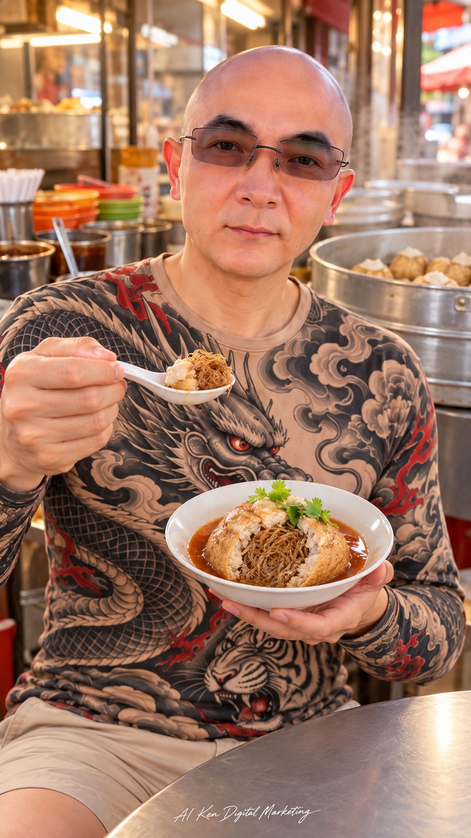 AI-generated host presenting a spoonful of tofu, fish paste and glass noodles from a cut-open Tamsui A-gei