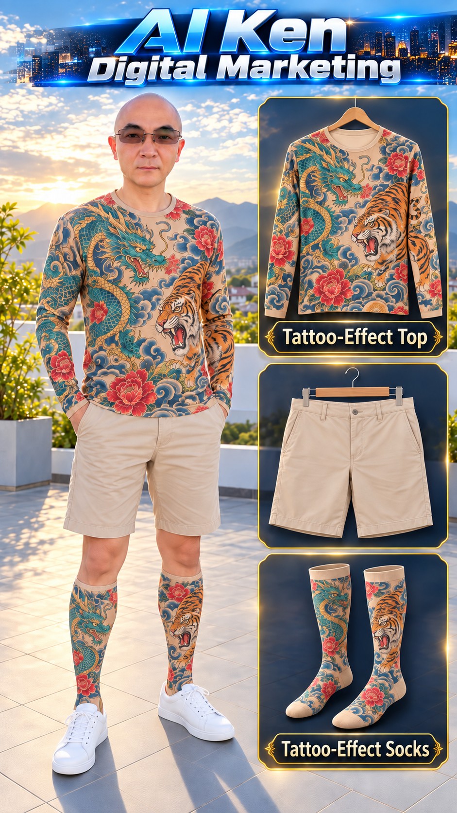 AI tattoo-effect fashion concept with a dragon and tiger graphic top, beige shorts and coordinated patterned socks