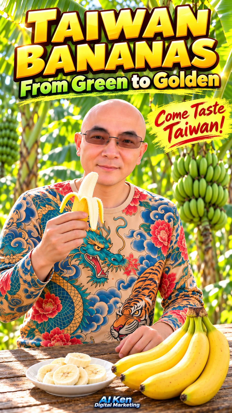 Taiwan Bananas From Green to Golden thumbnail featuring AI Ken with a peeled banana in a banana grove