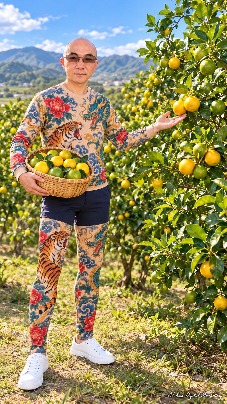AI Ken introducing green and golden Diwang citrus on leafy orchard branches while holding a basket of fruit