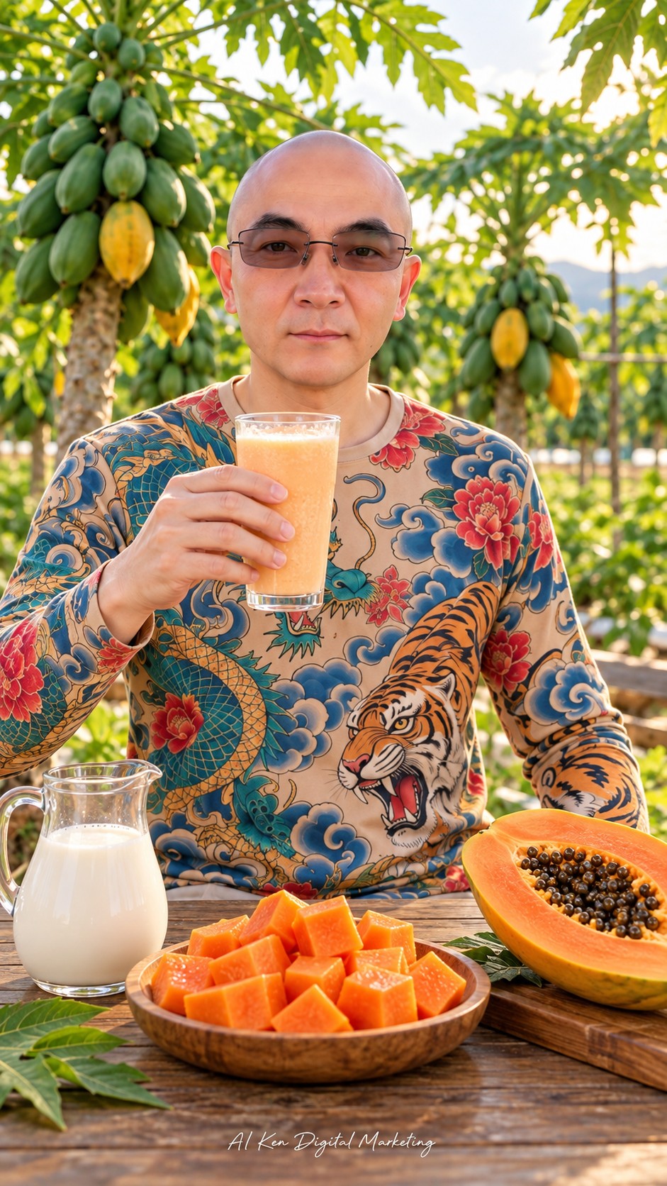 AI Ken presenting a glass of pale orange papaya milk beside a pitcher of milk, fresh papaya cubes, and a halved papaya