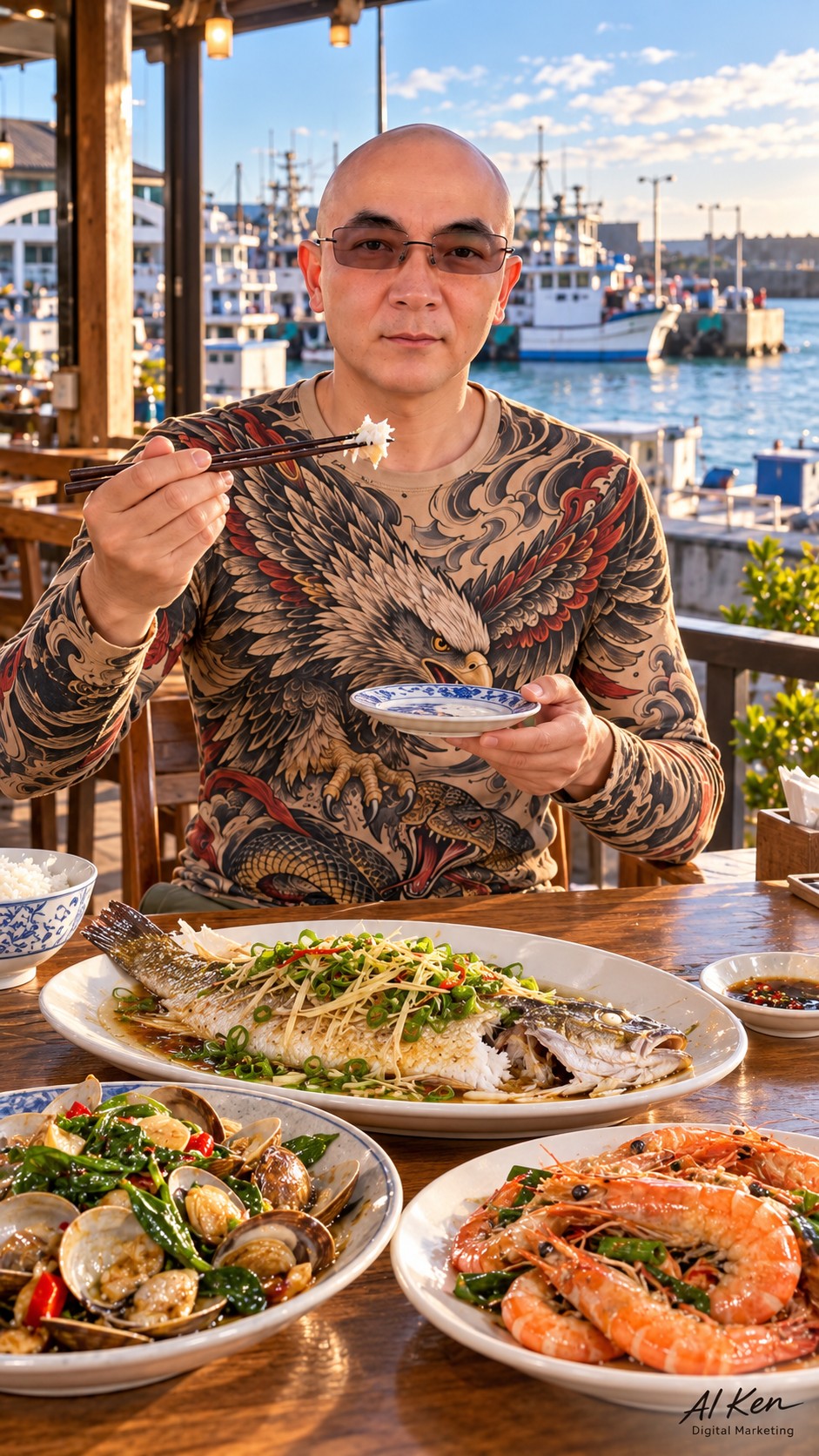 AI-generated Fugang harbor-side seafood meal with steamed fish, prawns and clams