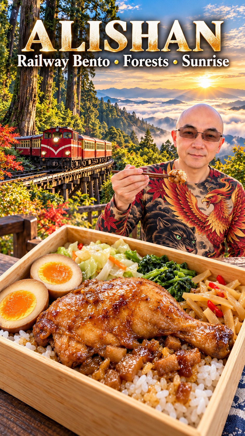 Alishan travel illustration combining railway bento, a red forest train, tall trees and mountain sunrise