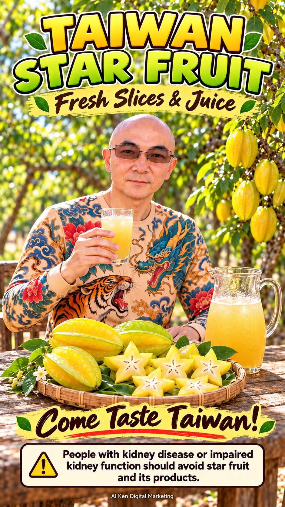 Taiwan star fruit with fresh slices, juice and a kidney-related food safety reminder