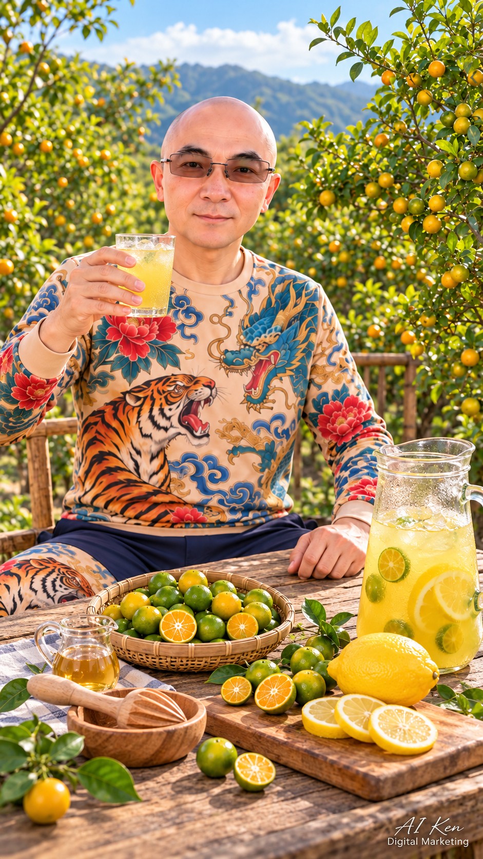 AI Ken holding an iced calamondin lemon drink beside fresh calamondins, lemons and a pitcher