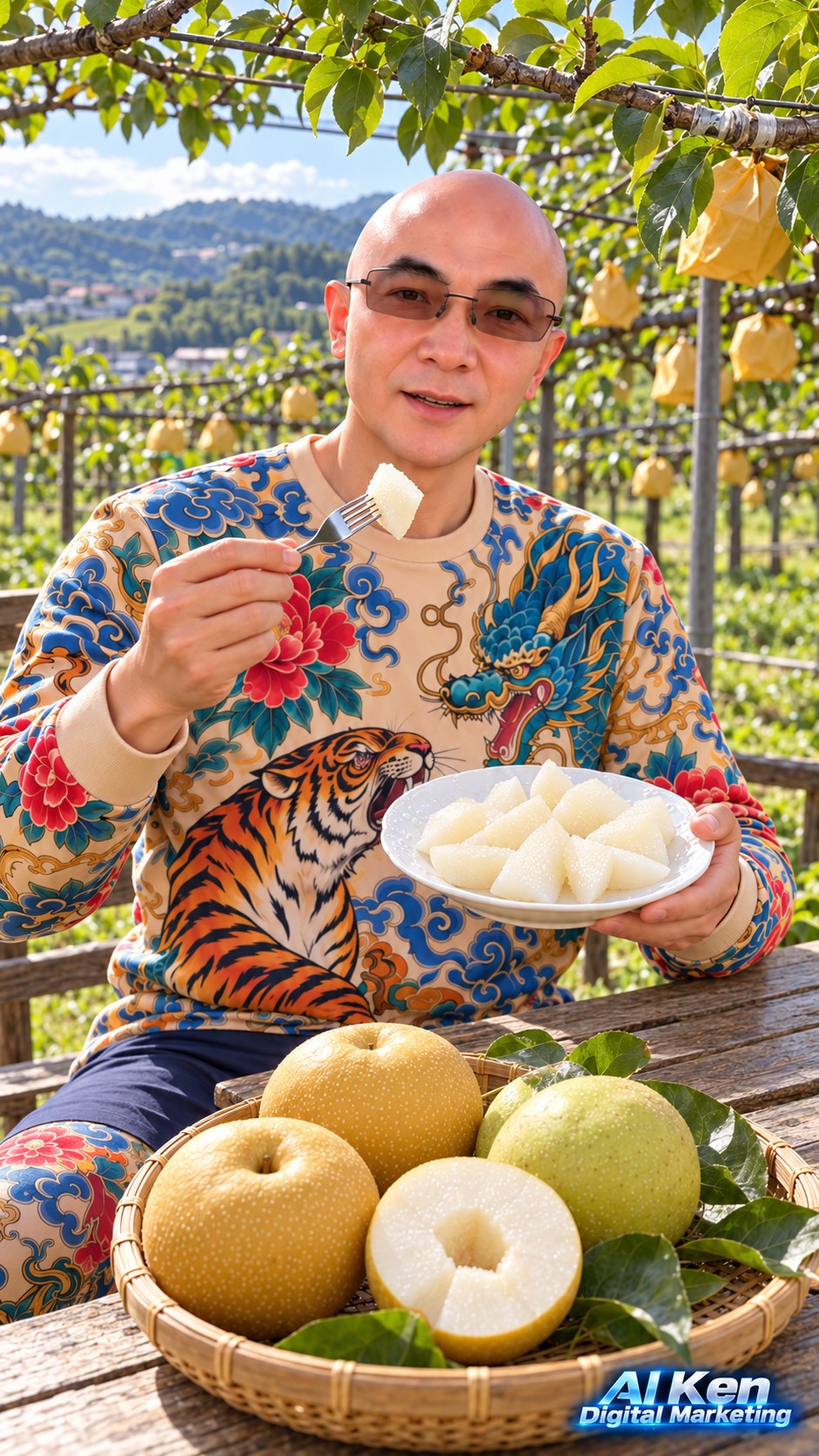 AI Ken introducing top-grafted pears while holding prepared white pear flesh in a lower-elevation orchard setting