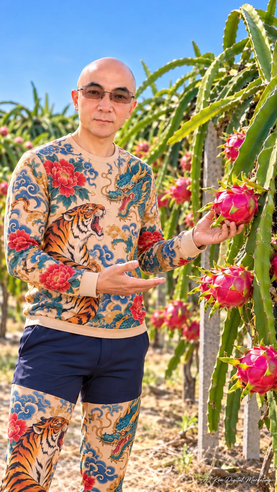 AI Ken introducing pink-skinned dragon fruit growing on supported cactus plants in a Taiwan orchard