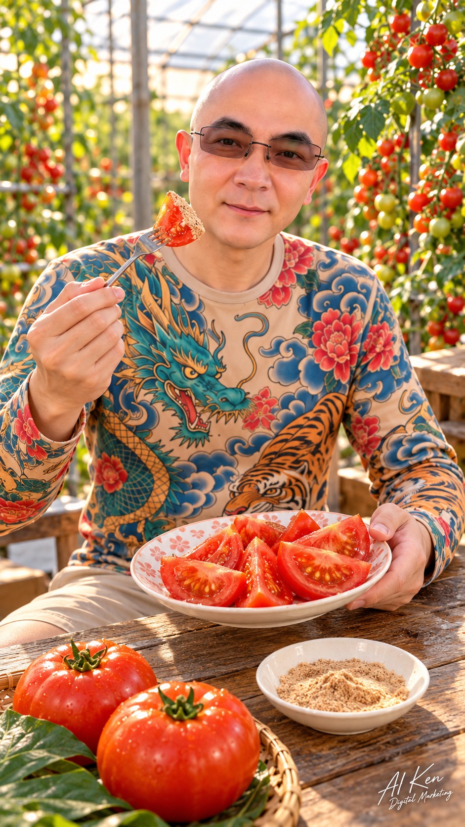 AI Ken holding a tomato wedge coated with plum powder beside a plate of sliced large tomatoes and a bowl of plum powder