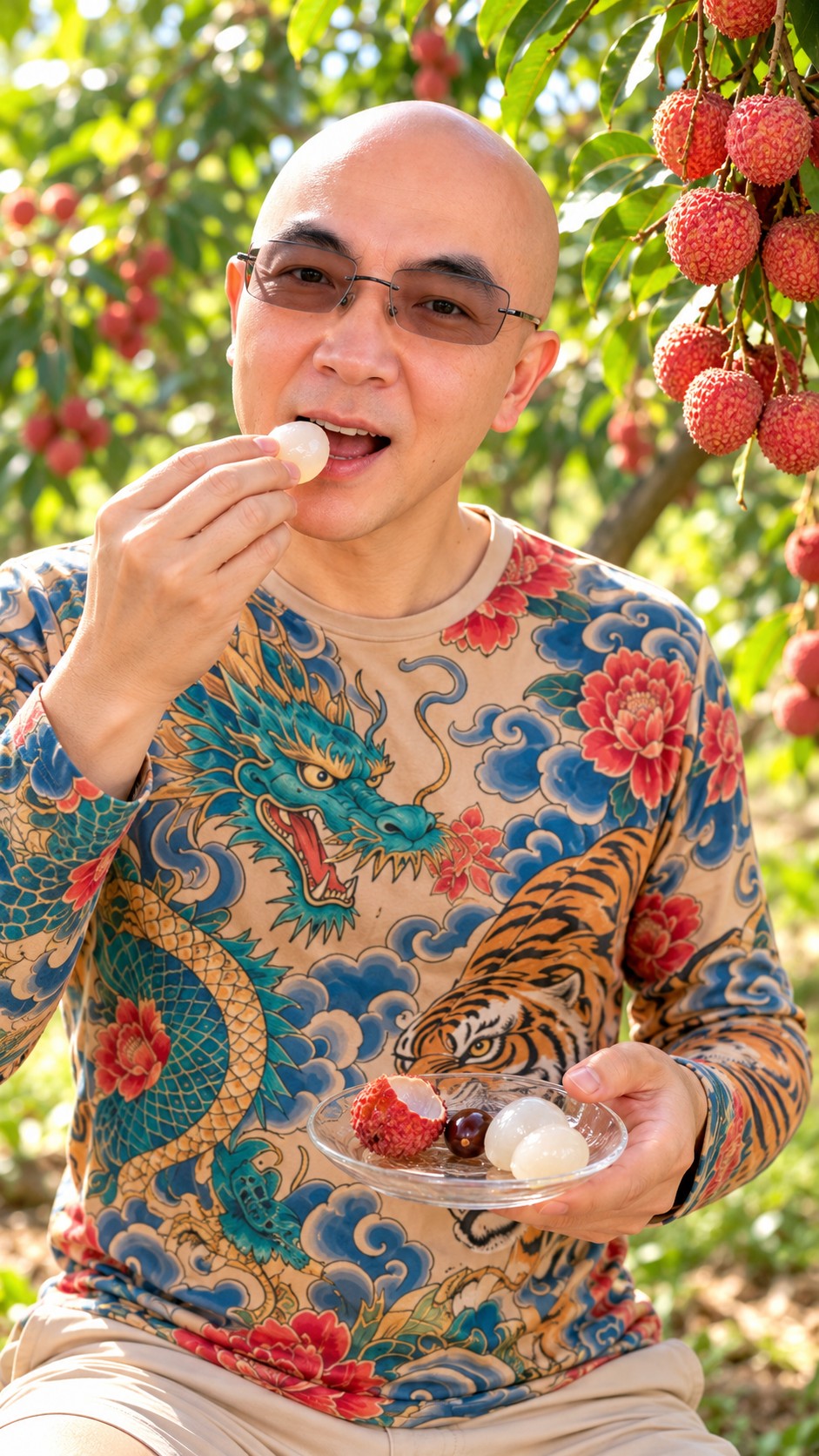 AI Ken tasting peeled lychee flesh with the discarded skin and seed separated on a plate