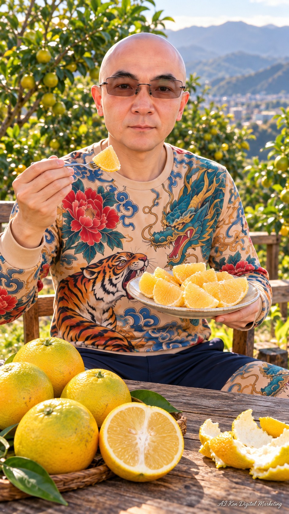 AI Ken tasting peeled Taiwan sweet orange slices with a fork