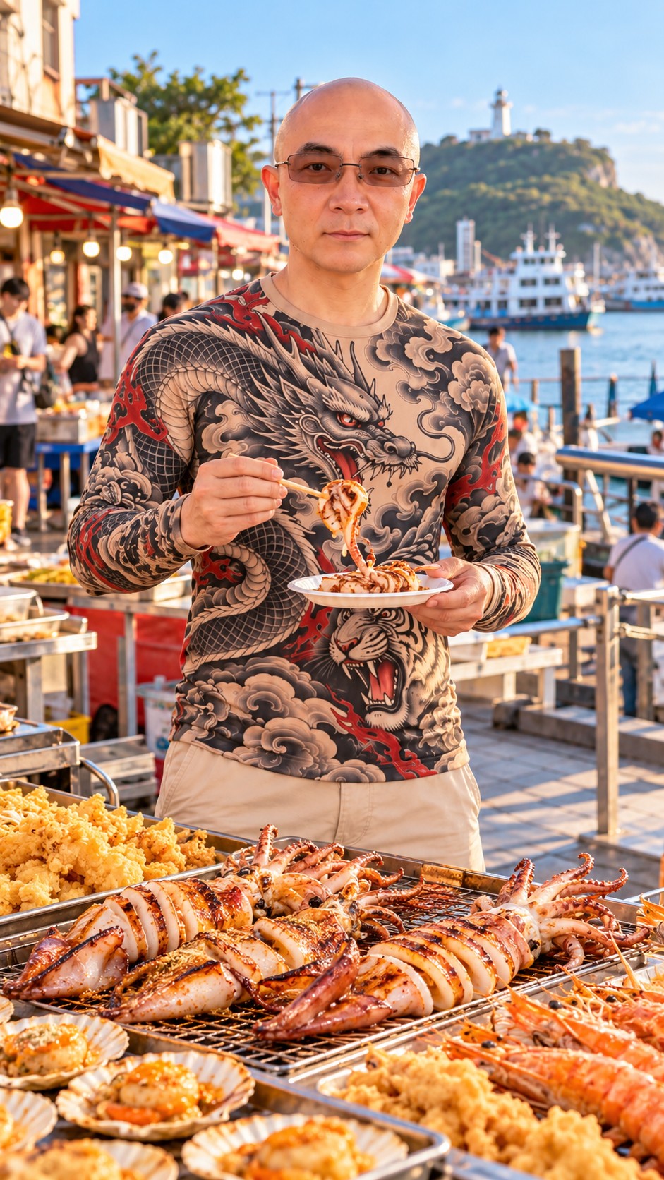 AI-generated travel scene of AI Ken presenting grilled squid and seafood inspired by Cijin in Kaohsiung