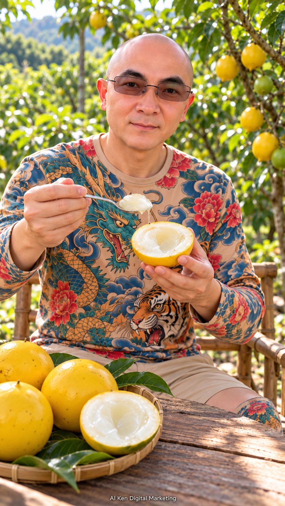 AI Ken holding a cut half of abiu and a spoonful of seed-free milky-white fruit flesh
