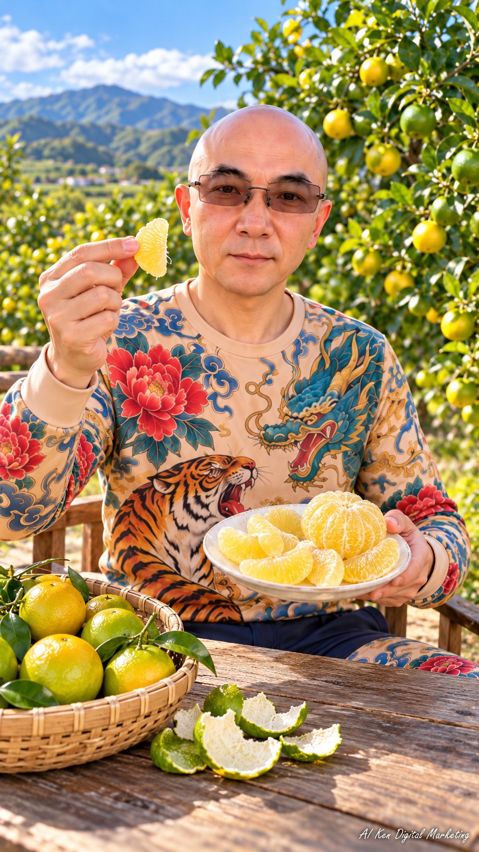 AI Ken holding a peeled Diwang citrus segment beside a plate of pale golden flesh, with green citrus fruit and discarded peels on the table