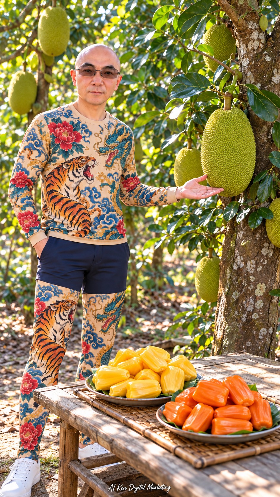 AI Ken beside a jackfruit tree with whole fruit and separate plates of yellow and orange-red flesh