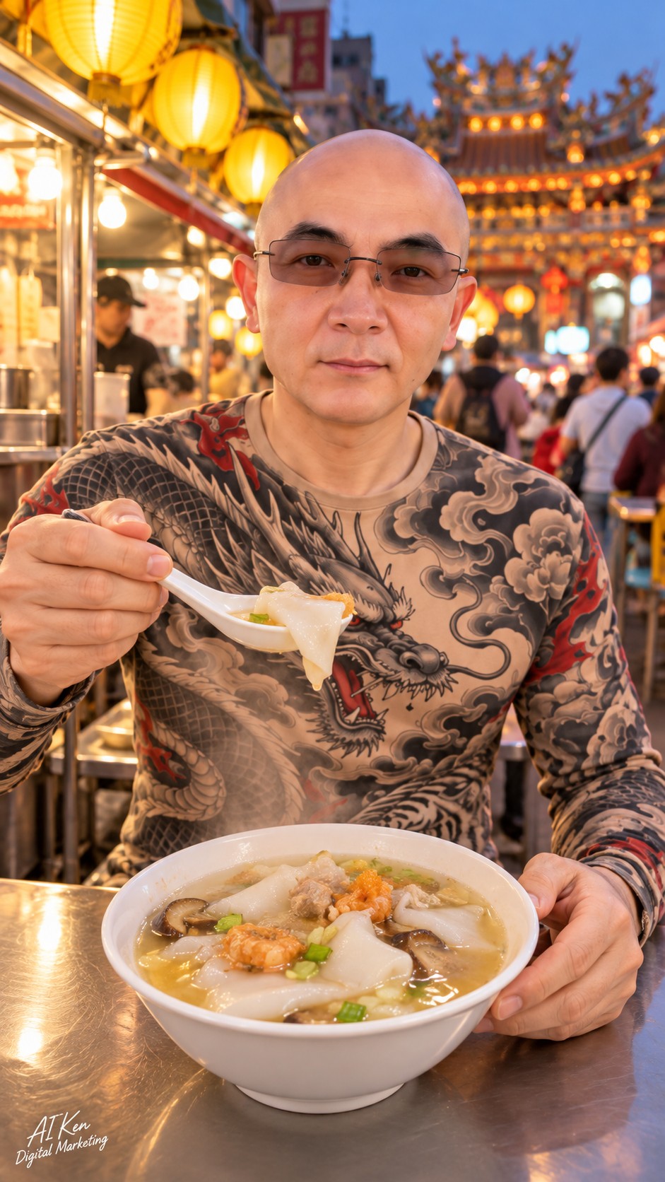 Keelung fried-bread sandwich with egg and vegetables alongside cups of pao pao ice