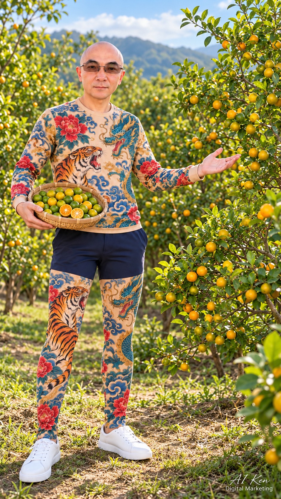 AI Ken introducing small round green and yellow calamondin fruits in a citrus orchard