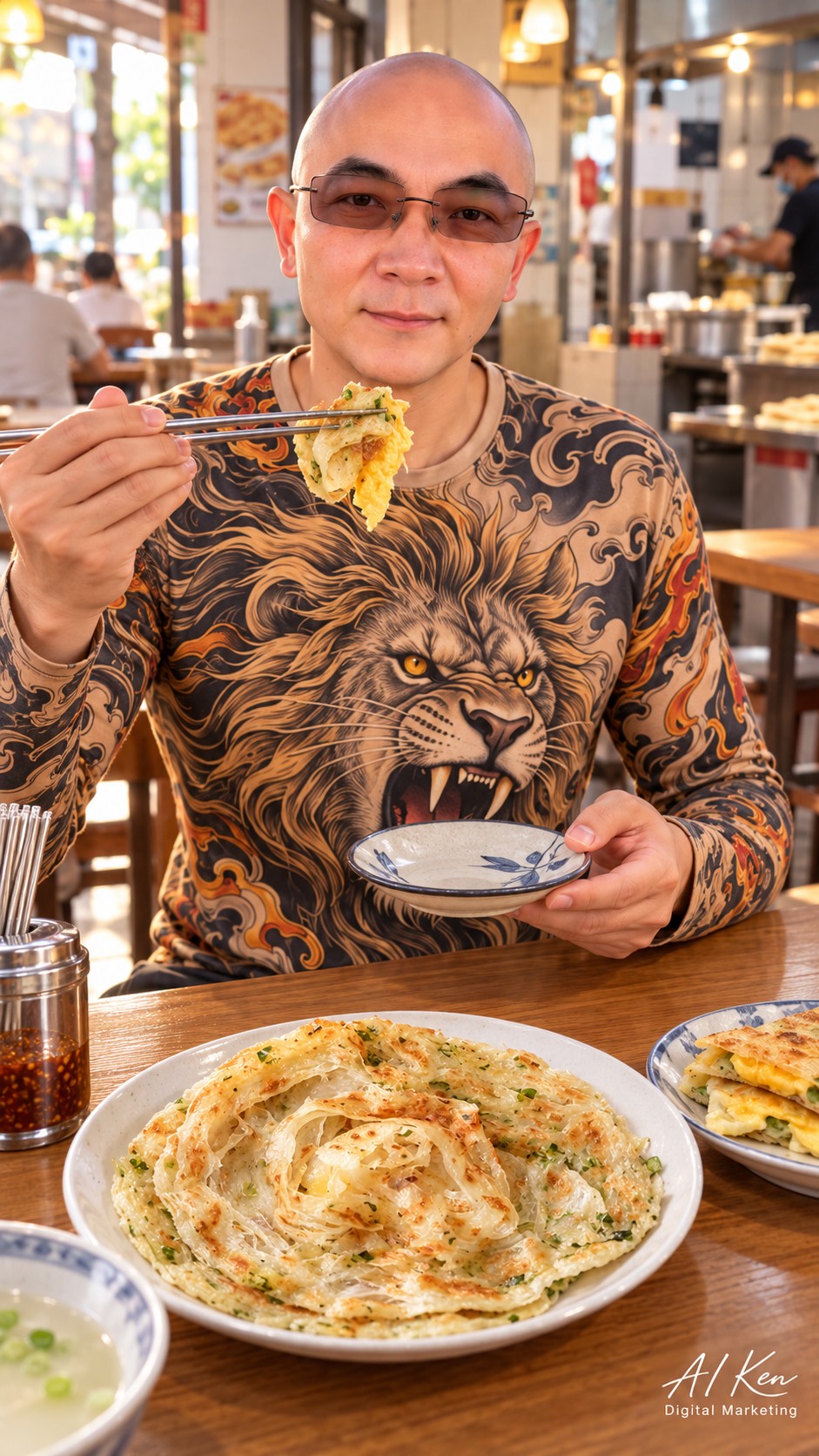 AI Ken presenting Taiwanese scallion pancakes filled with egg, cheese, bacon and corn