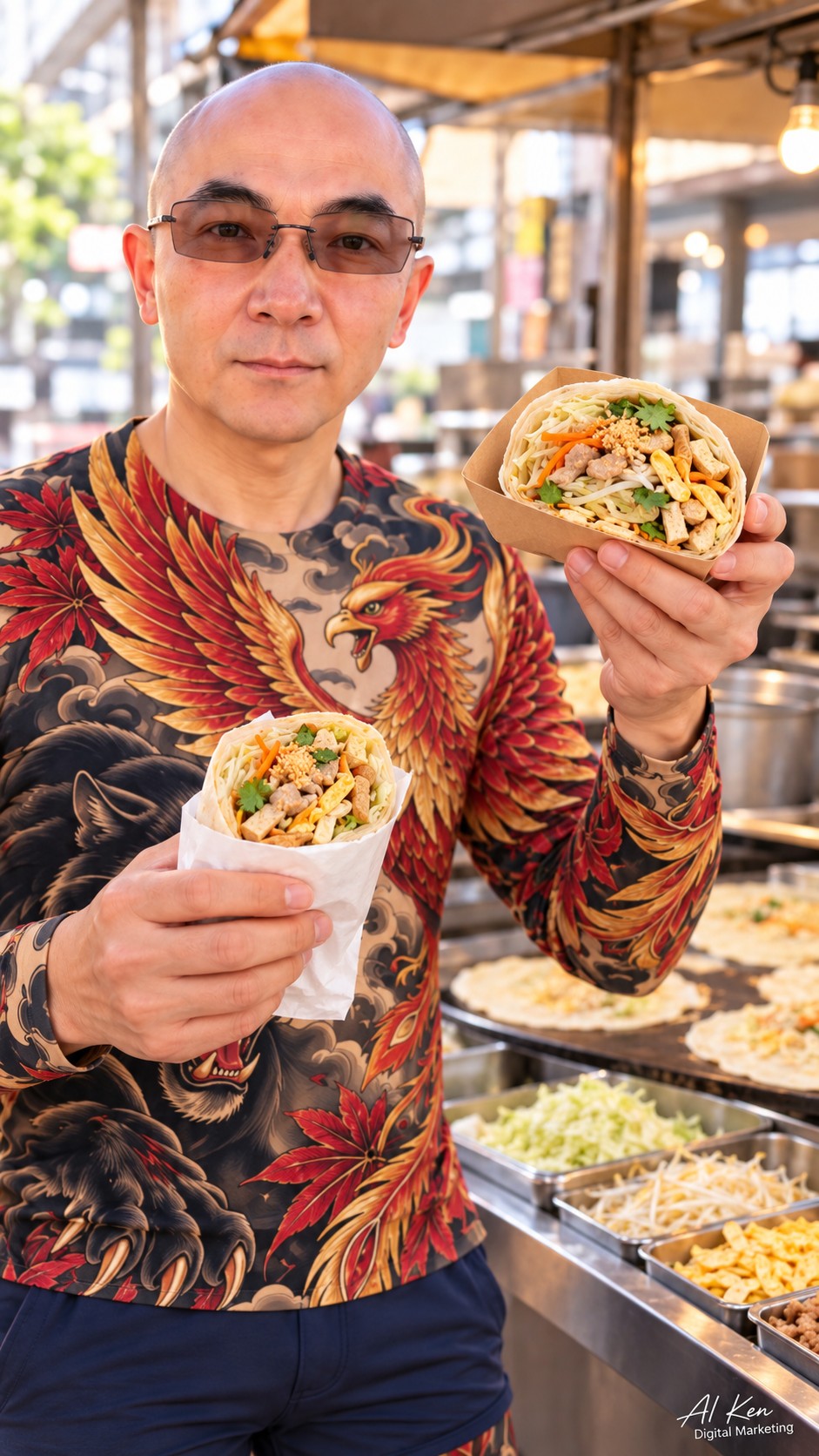 AI-generated host presenting two cut Taiwanese run bing portions with visible vegetables, tofu, egg and pork