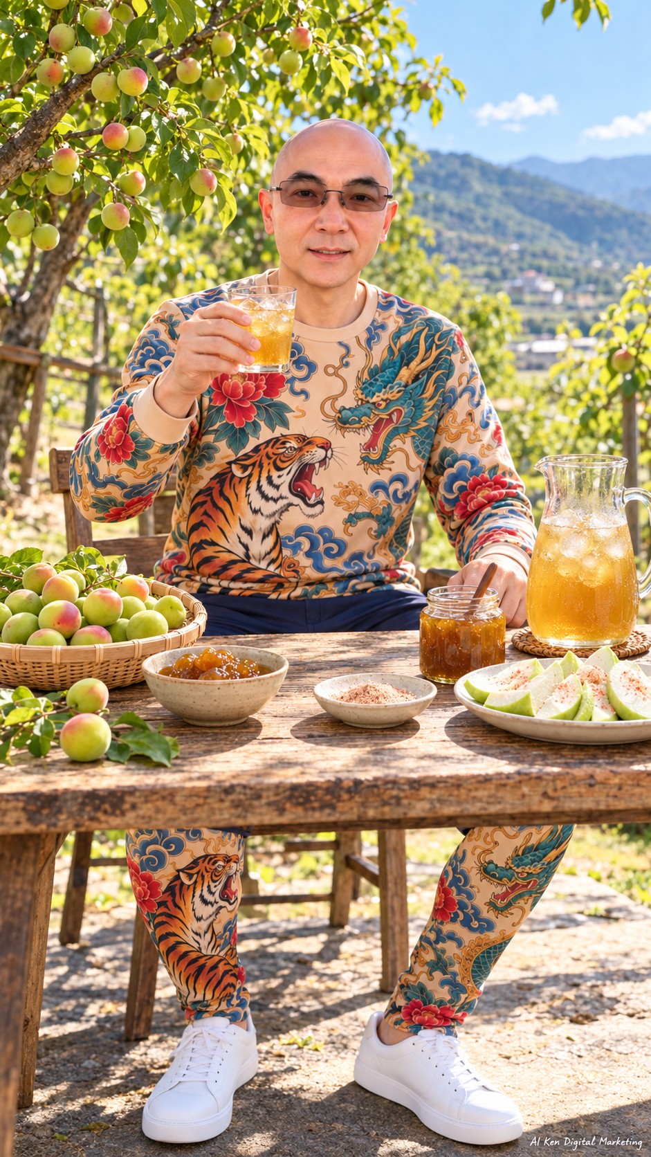 AI Ken holding a chilled ume drink beside ume sauce, seasoning powder and guava slices