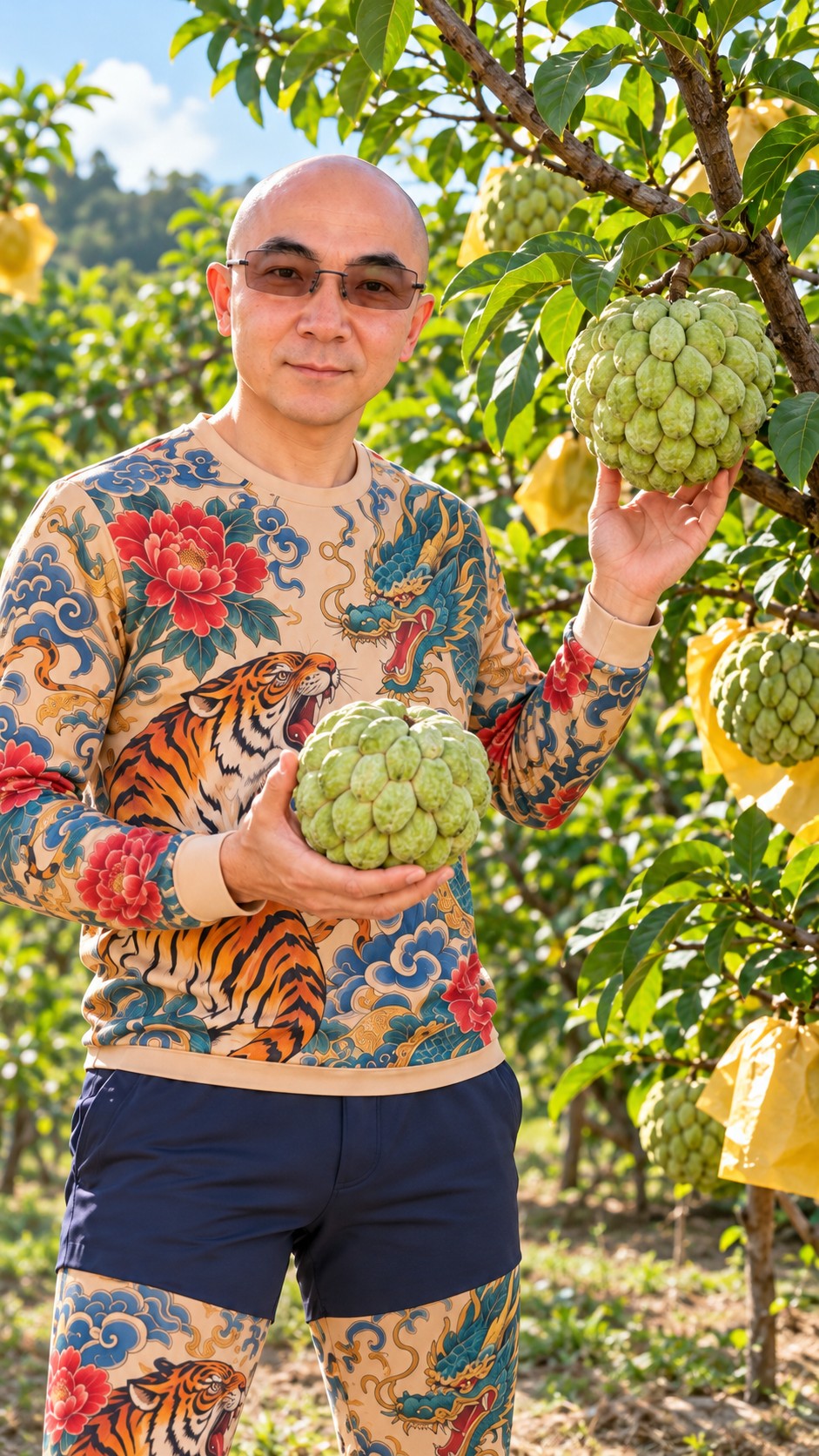 AI-created scene of AI Ken presenting green Da Mu sugar apples in an orchard