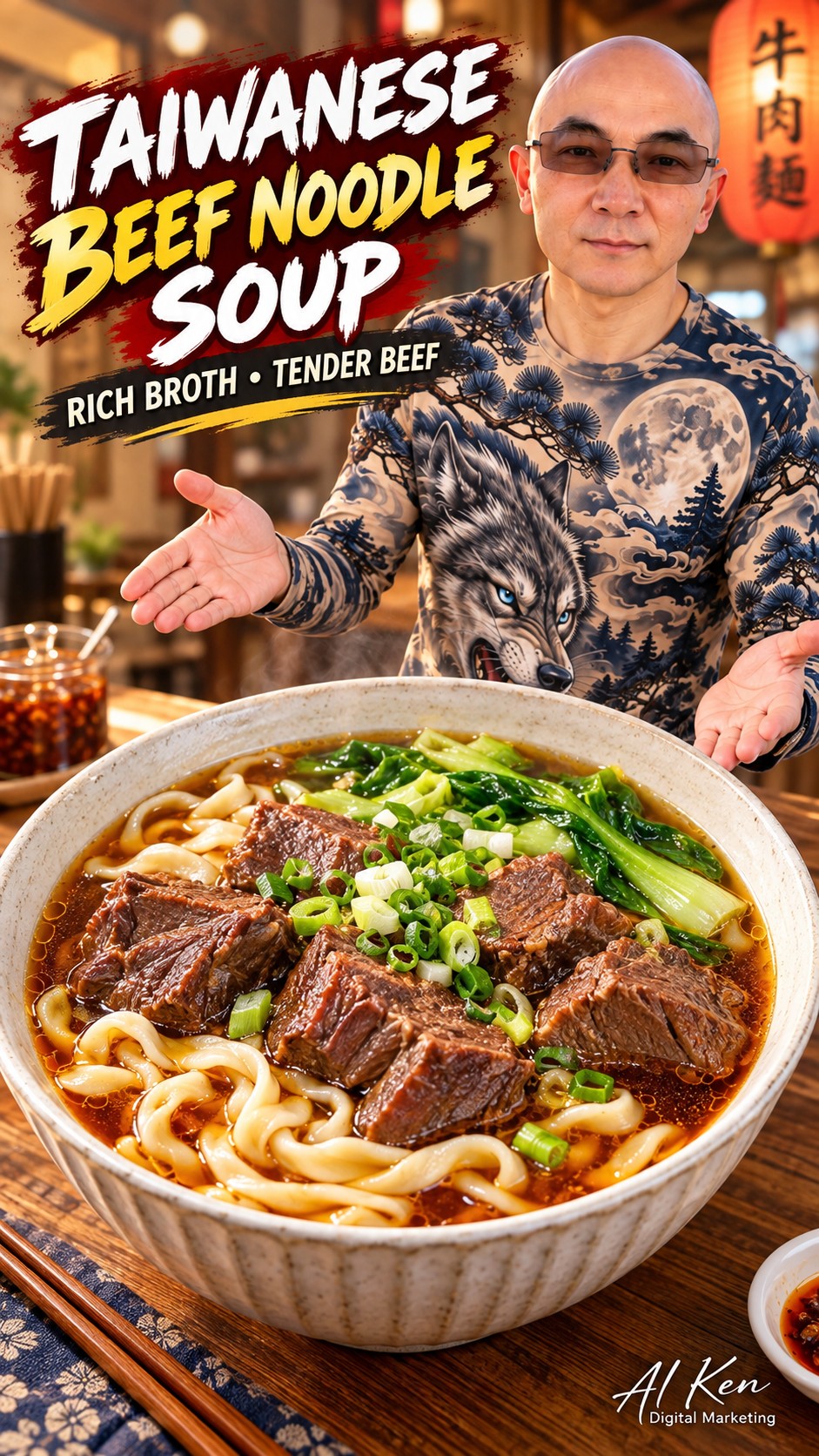 Pouring red-braised broth into Taiwanese beef noodle soup with beef, noodles and greens