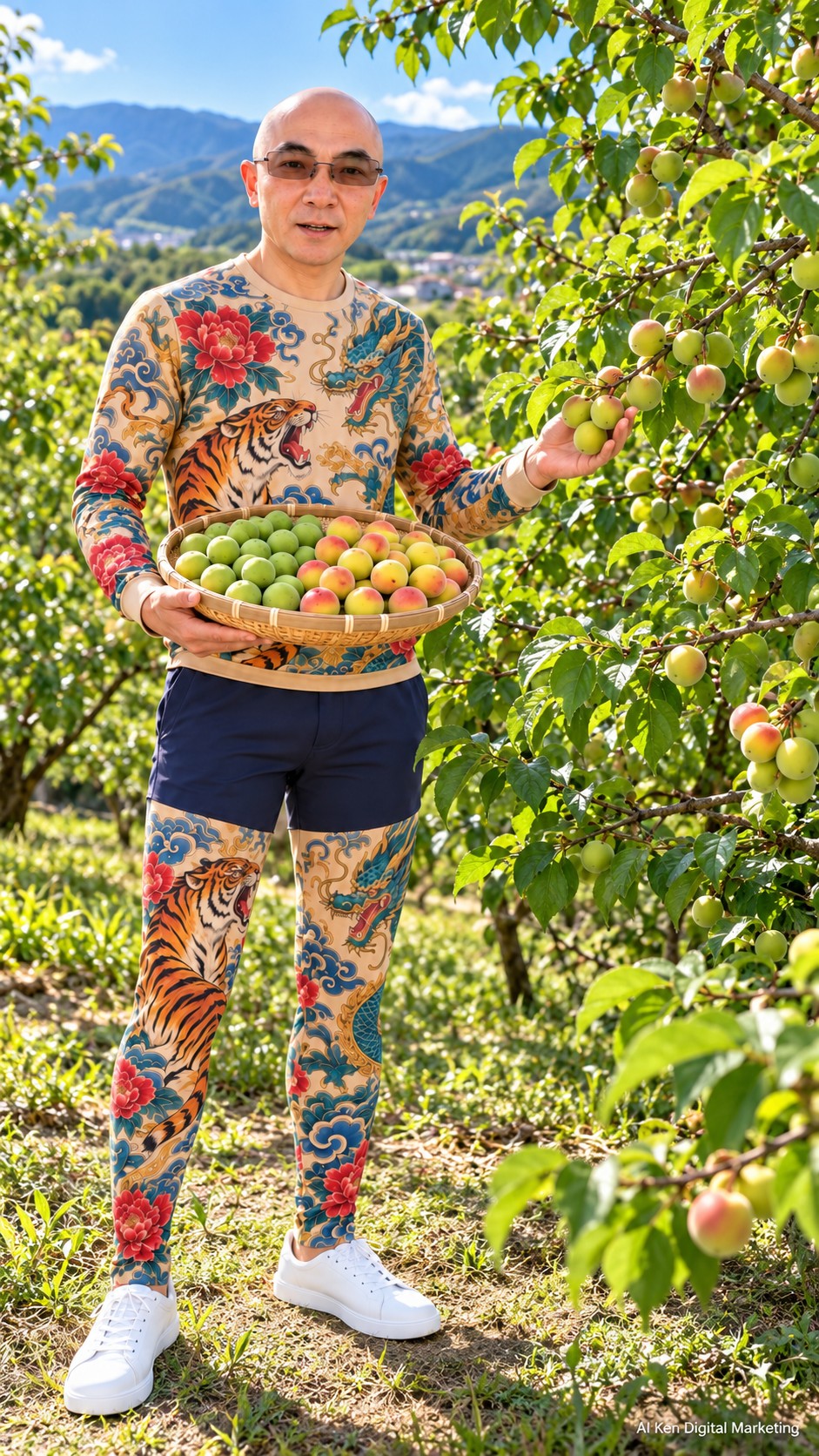 AI Ken introducing green and pink-blushed ume fruit beside a fruit-bearing tree in a hillside orchard