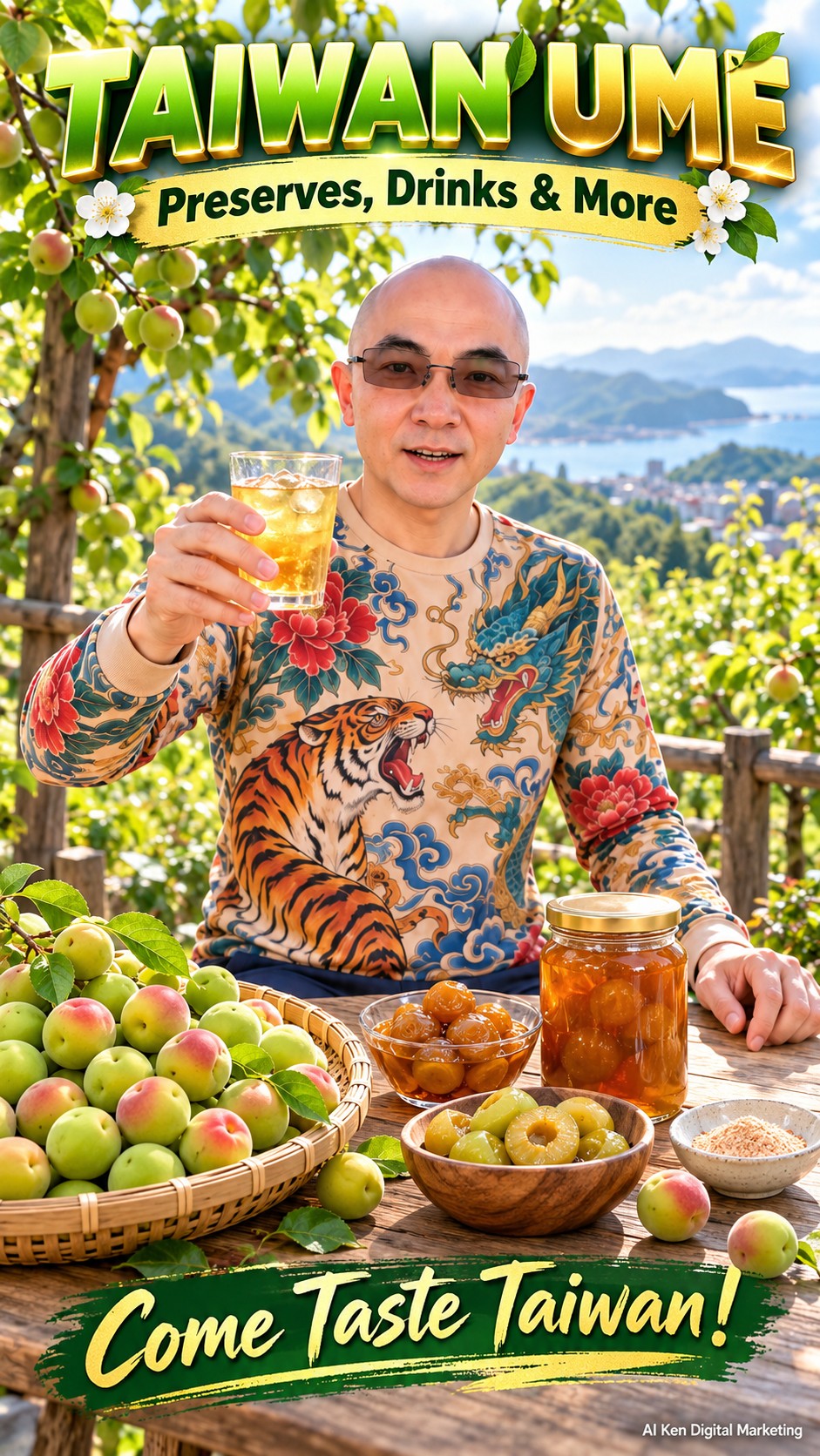 Taiwan ume introduction featuring fresh fruit, preserves, a chilled ume drink and seasoning powder